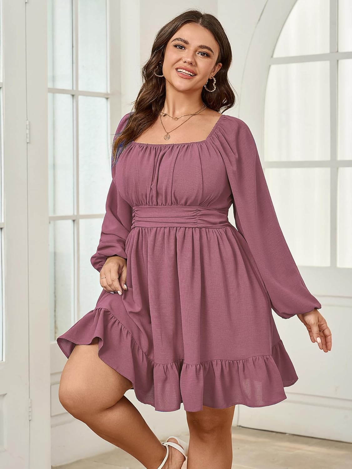 Womens Plus Size Dress Long Lantern Sleeve Square Neck Elastic Waist A-Line Mini Short Dress - Image 3