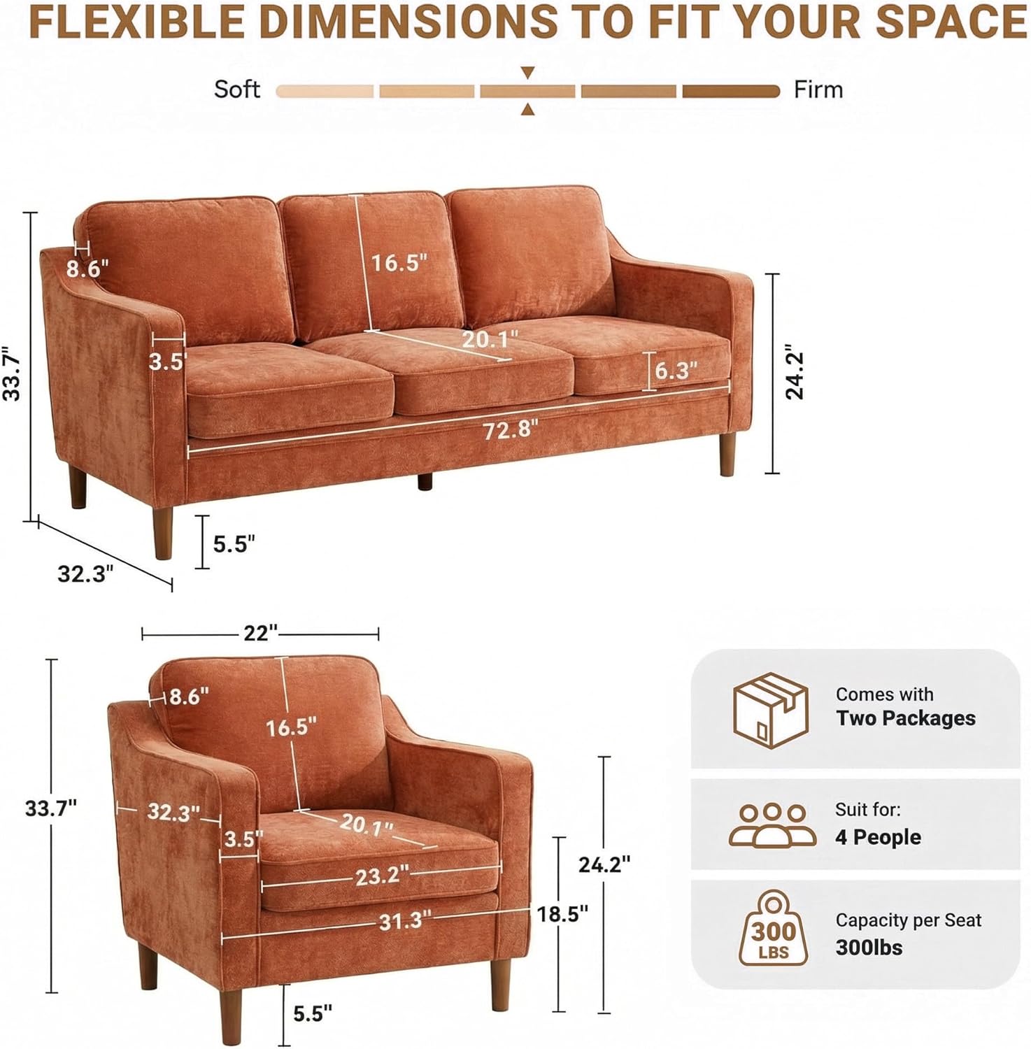Kingfun Living Room Furniture Sets, 3 Seater Couch and 2 Armchair, Mid Century Modern Sofa Set, Chenille Couch with Solid Wood Frame for Living Room & Bedroom, Orange