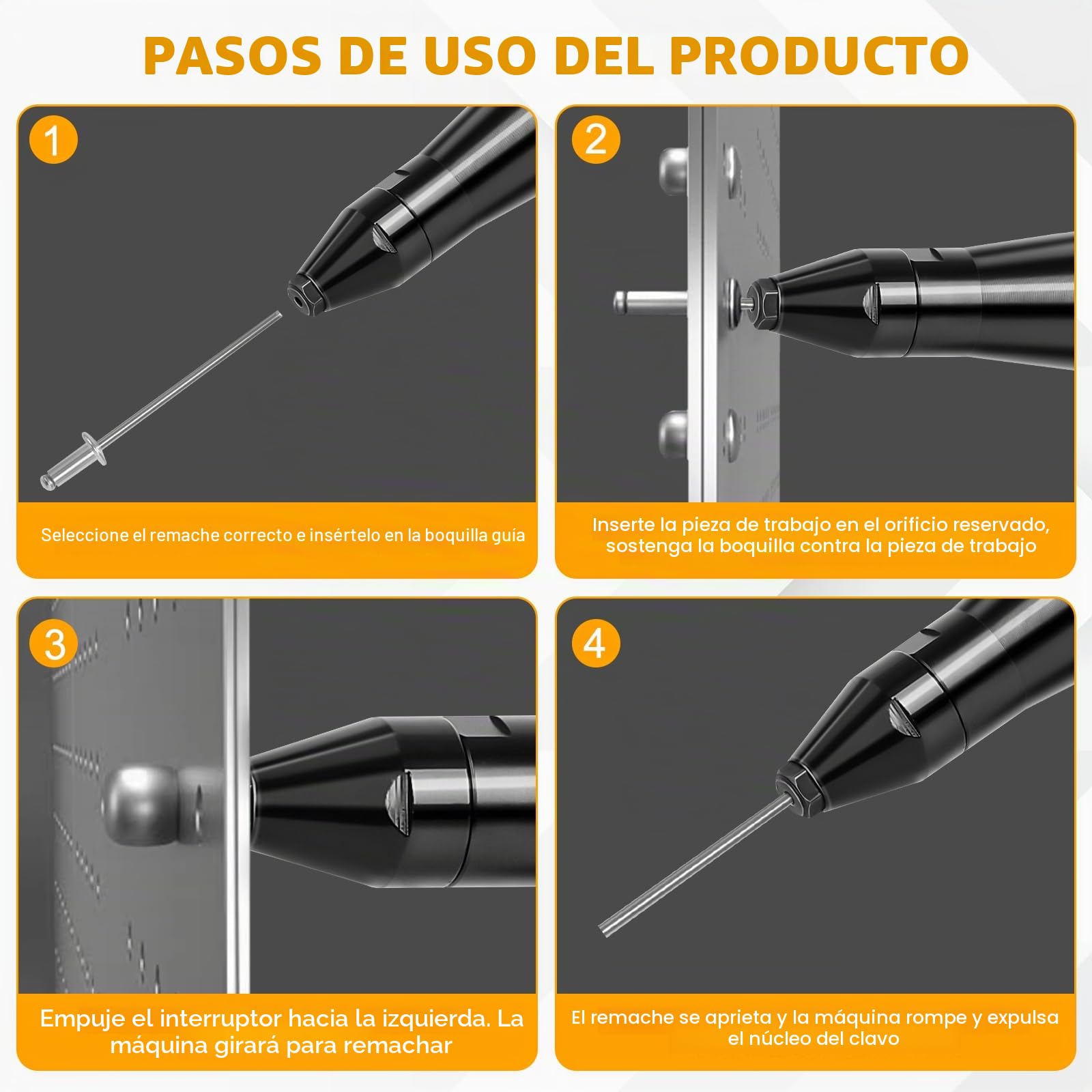 Remachadora Inalámbrica Profesional para Dewalt 20V (sin Batería) | Pistola de Remache sin Escobillas, Luz LED, 3 Adaptadores, 60 Remaches y Llave, para Metal y Plástico