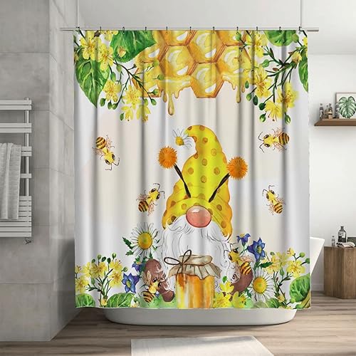 Miniatura 5 de Ansouyi Juego de 4 cortinas de ducha de baño con alfombras antideslizantes, cubierta para tapa de inodoro y tapete de baño, diseño de gnomo de miel