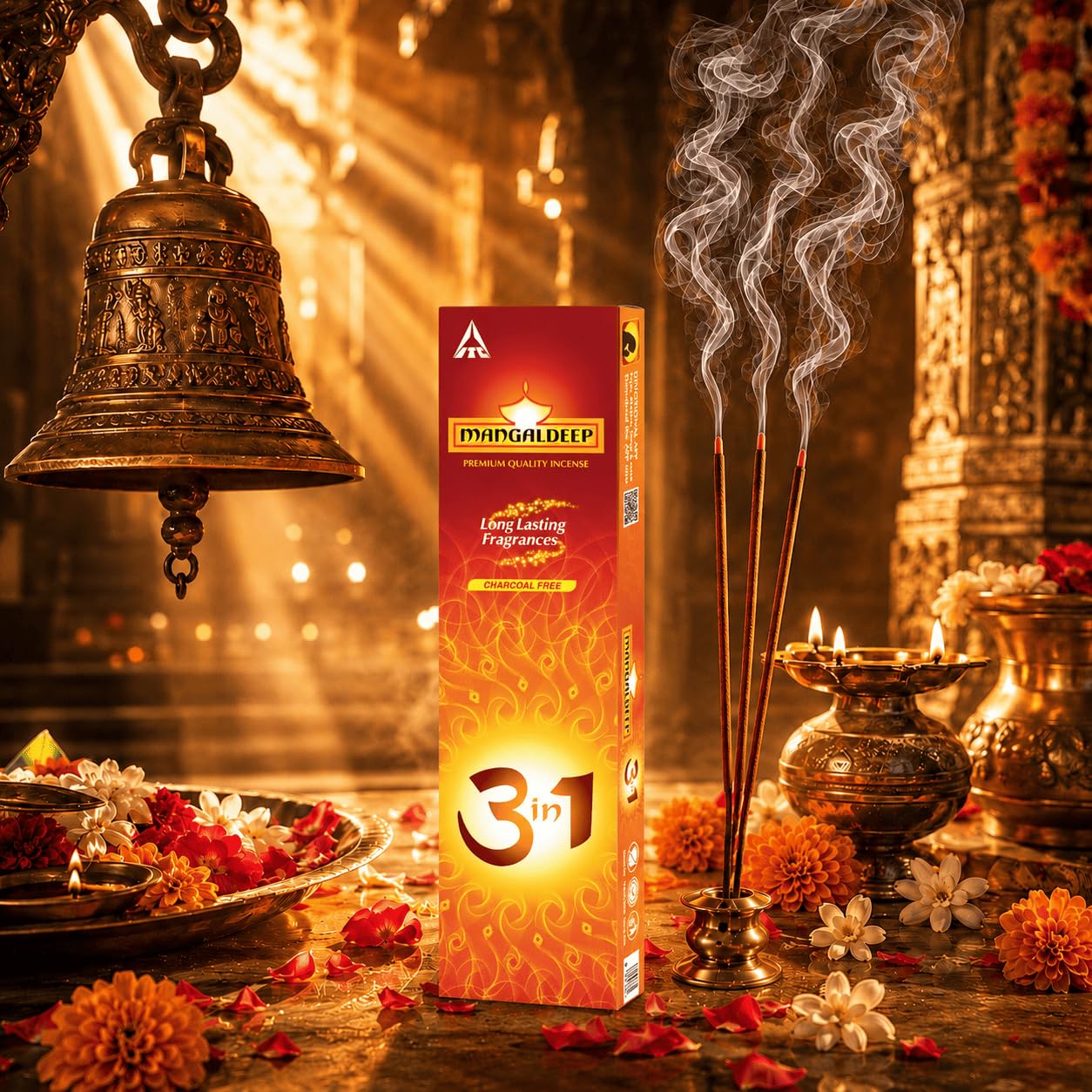 Mangaldeep 3in1 Agarbatti | Premium, Charcoal Free Incense Sticks (106 gm) | Traditional, Perfume, Fusion Fragrances