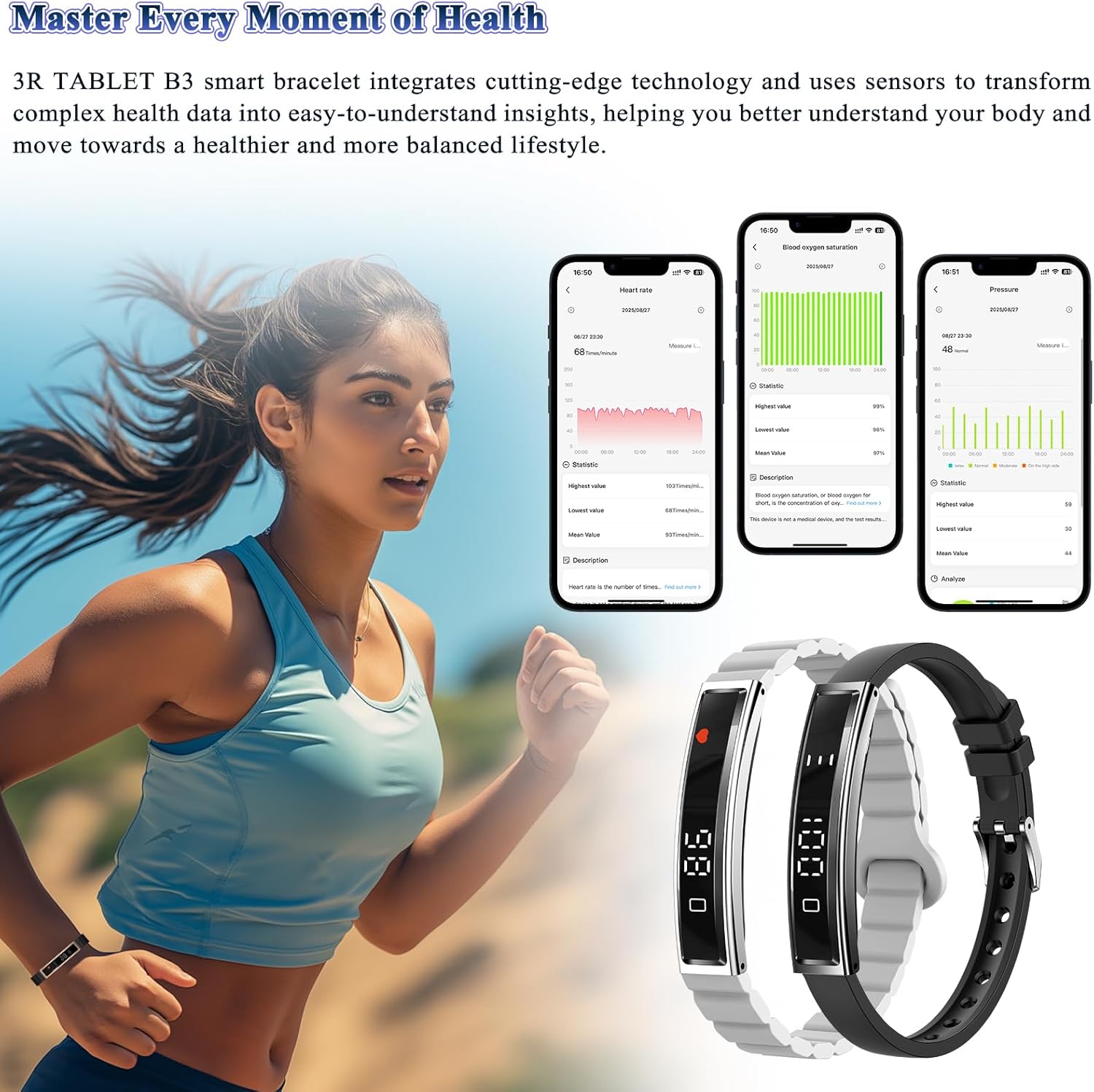 Smart Bracelet Health Tracker Steps Counting Bracelet Sleep Monitoring Smart Fitness Wristband Monitor Heart Rate Blood Oxygen Pressure Silicone Strap (Light Gray)