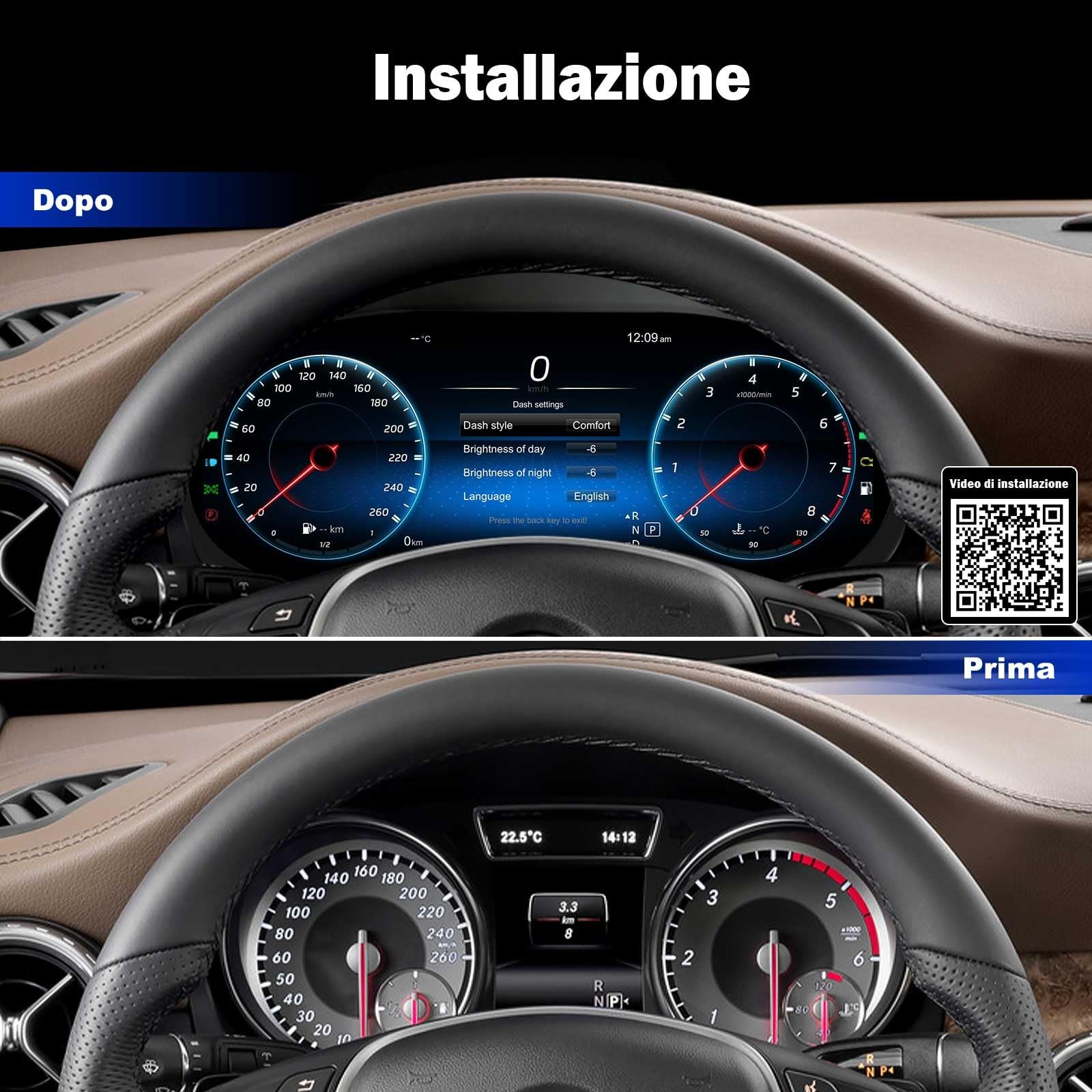 12,3" Quadro Strumenti Digitale per Mercedes Benz Classe A W176 Classe GLA X156 Classe CLA C117, Cruscotto Display LCD, Indicatore Tachimetro Supporta TPMS, Temperatura Olio, Pulsanti al Volante