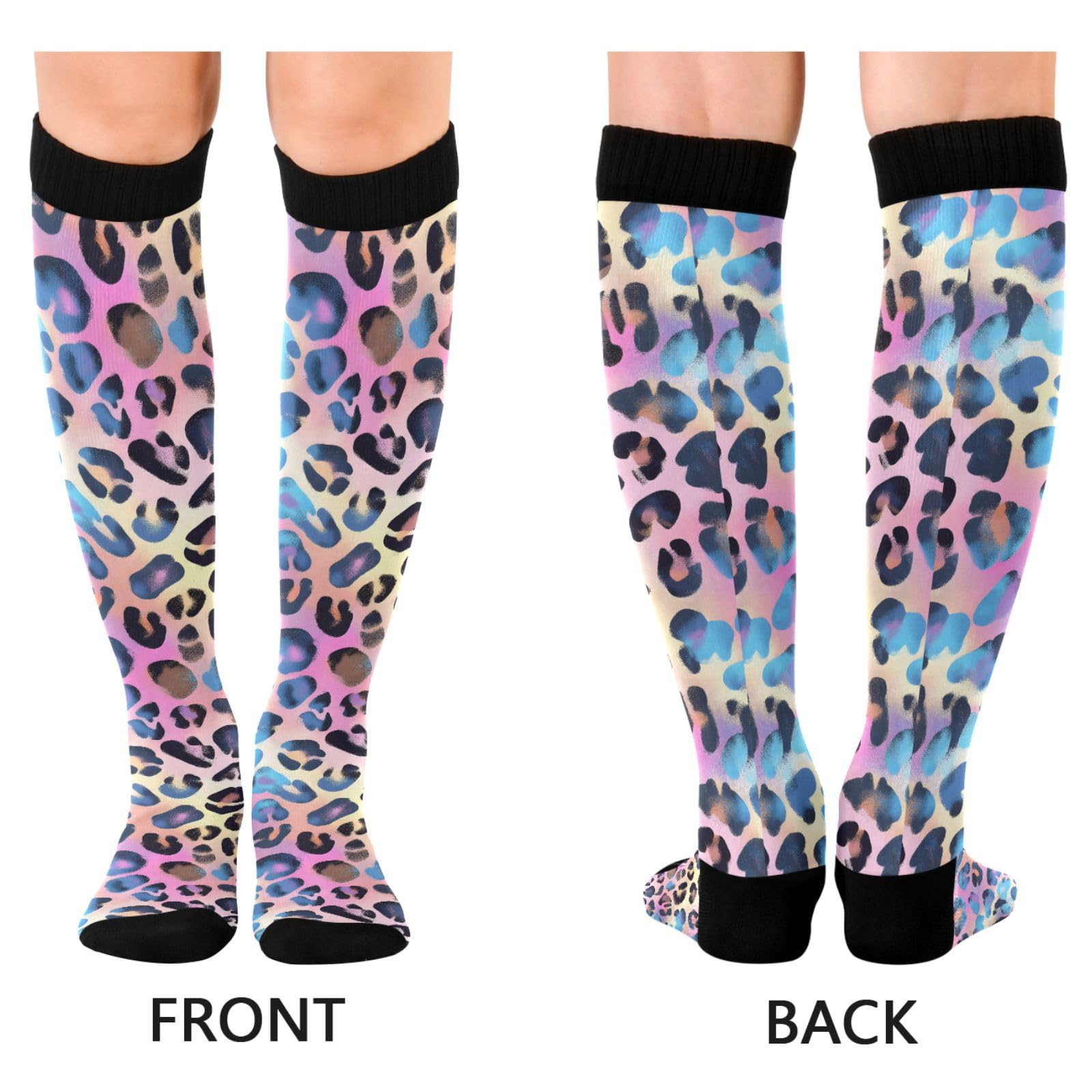 ALAZA Athletic Compression Socks Knee High Socks Stockings for Women Leopard Print Pattern Running Circulation Sport Football