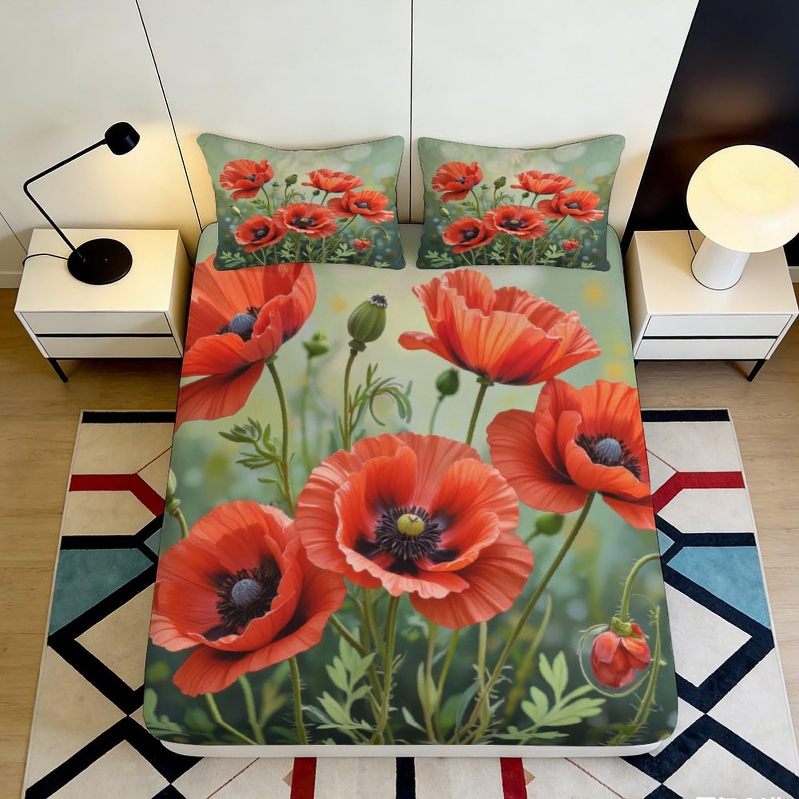 3D Printed Red Poppy Floral Fitted Sheet Microfiber Soft Mattress Cover Spring Bloom for Bedroom Guest Room Decor 180x200x25cm