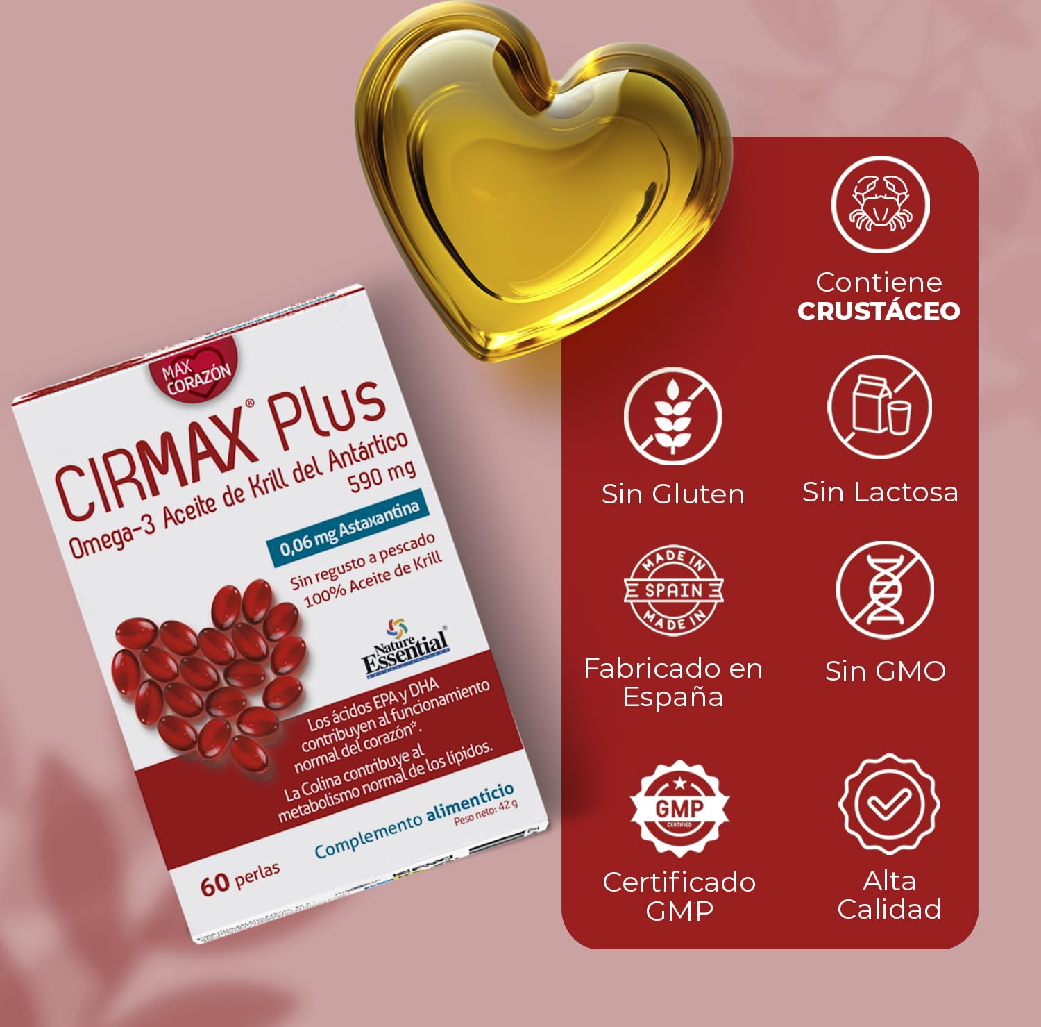 Nature Essential - Aceite de Krill del Antártico - 60 Cápsulas - 1 Mes - Rico en Omega 3 y Antioxidantes - Ayuda al Sistema Circulatorio - CIRMAX Plus