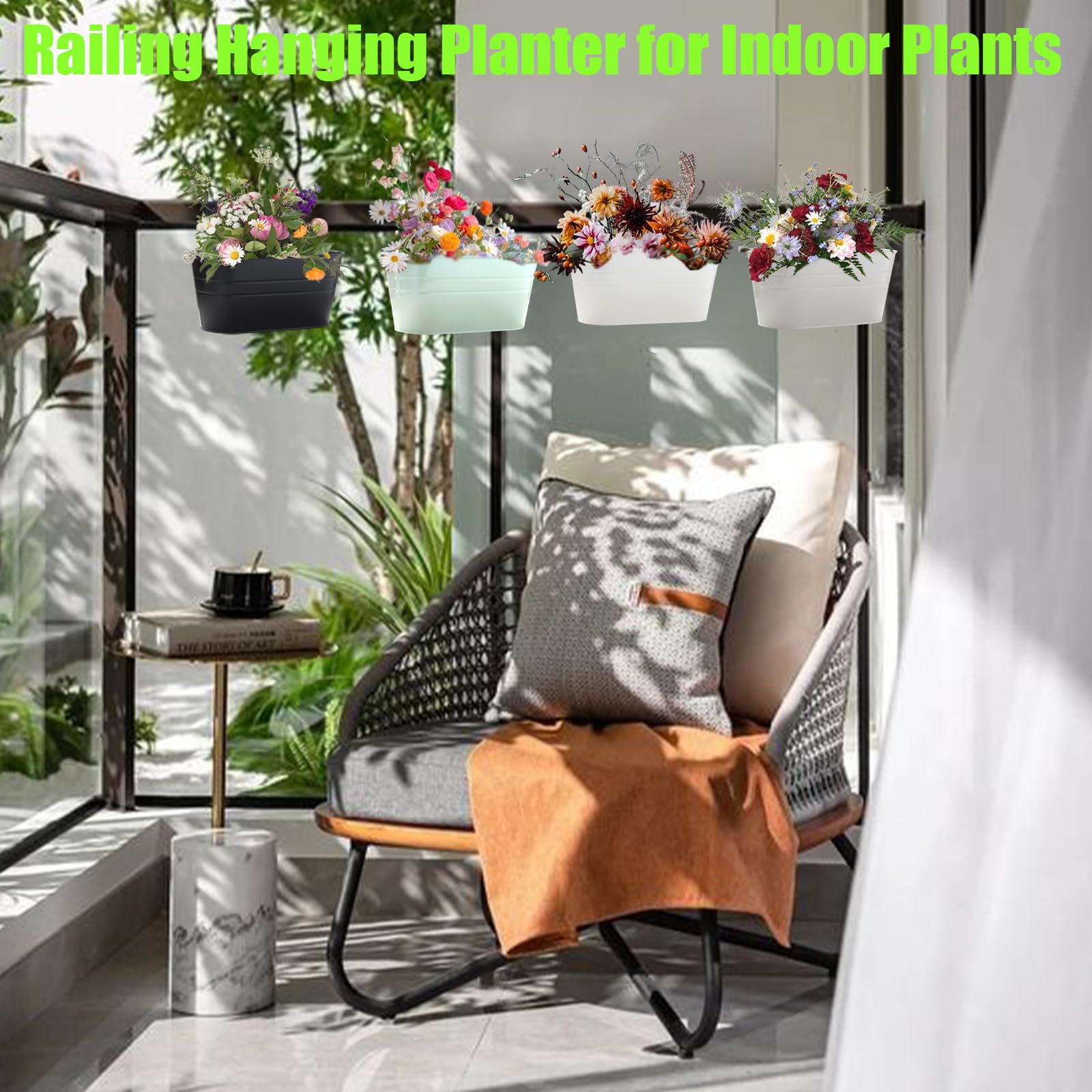 TINGSING 4 PCS Metal Hanging Flower Pots 27cm Large Fence Planters Outdoor with Detachable Hooks Hanging Plant Pots Outdoor Balcony Planters for Railing Garden - Image 3