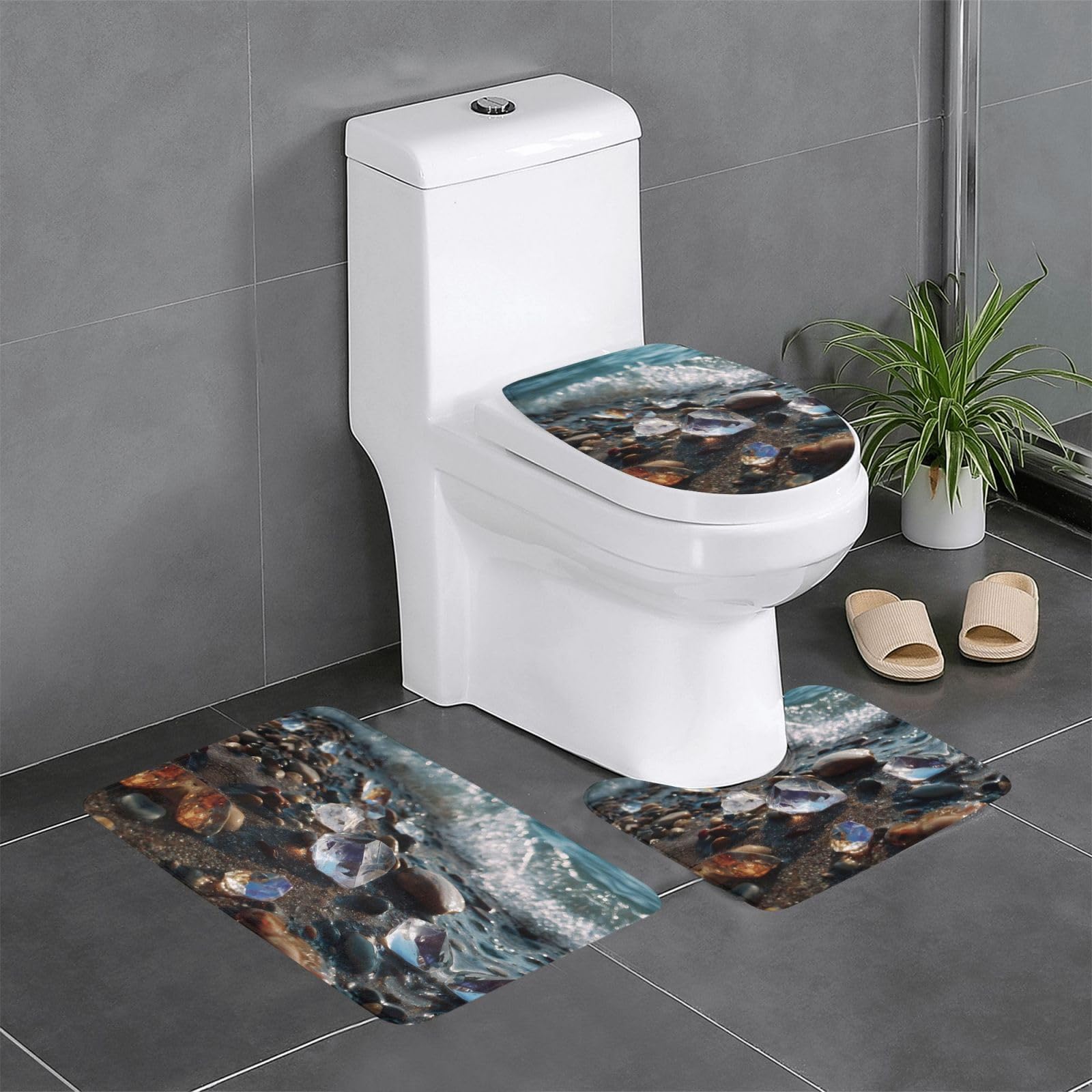 Tapis de salle de bain antidérapants lot de 3 WHJDPP Seaside avec tapis U et O pour toilettes