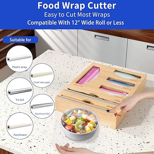 Miniatura 4 de Organizador de cajones de cocina 6 en 1, dispensador de papel de aluminio y plástico con cortador, almacenamiento de bolsa con cierre hermético para