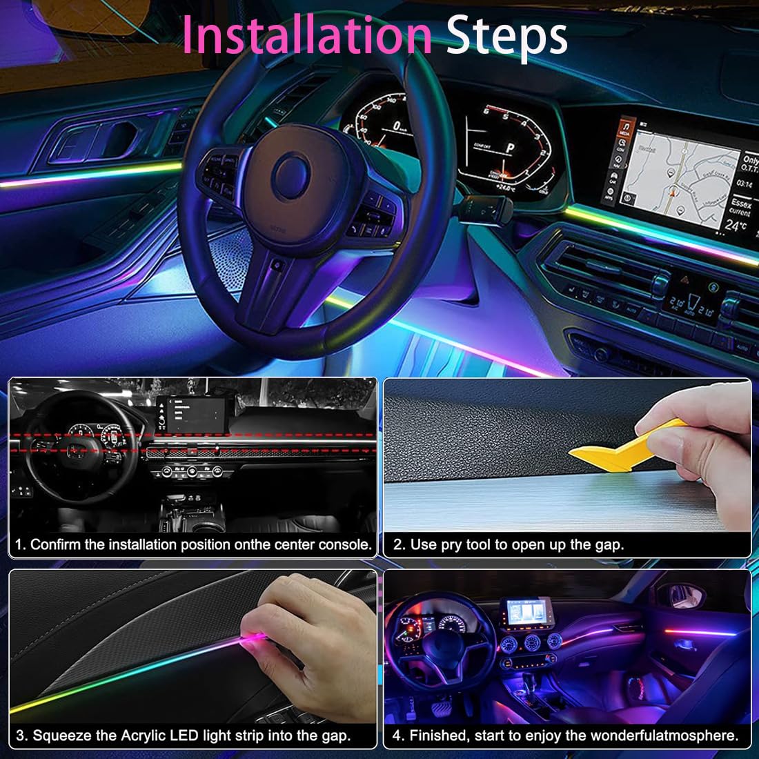 Bande LED Voiture Interieur,6 en 1 LED Ambiance Voiture,16 Millions de Couleurs,213 Modes contrôle sans Fil par Application,pour la décoration de l'habitacle et du Tableau de Bord.