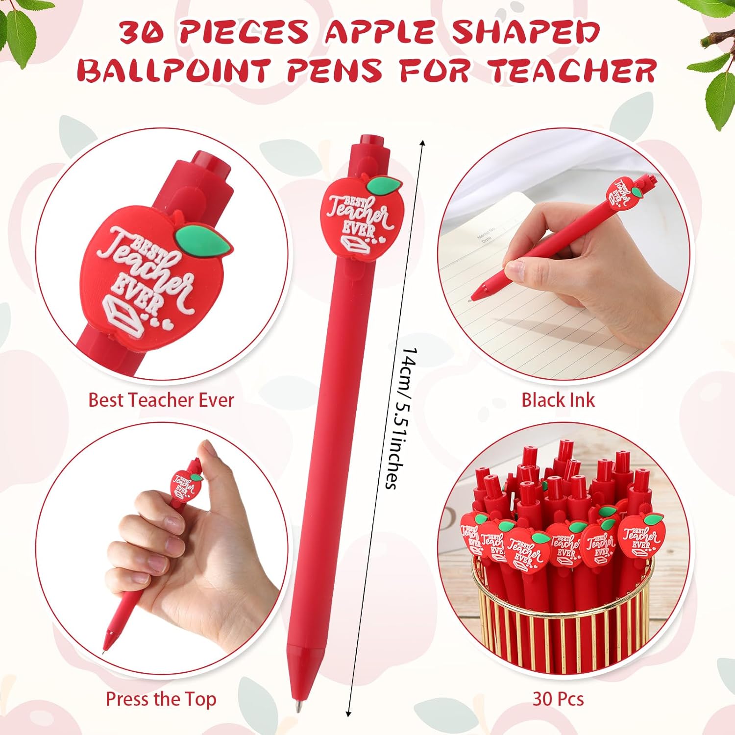 Mooliwe 30 Sets Teacher Appreciation Gifts Bulk Apple Shaped Ballpoint Pens Inspirational Metal Bookmark Cute Thank You Teacher Appreciation Week Gifts for Graduation Party Favor Office Supplies