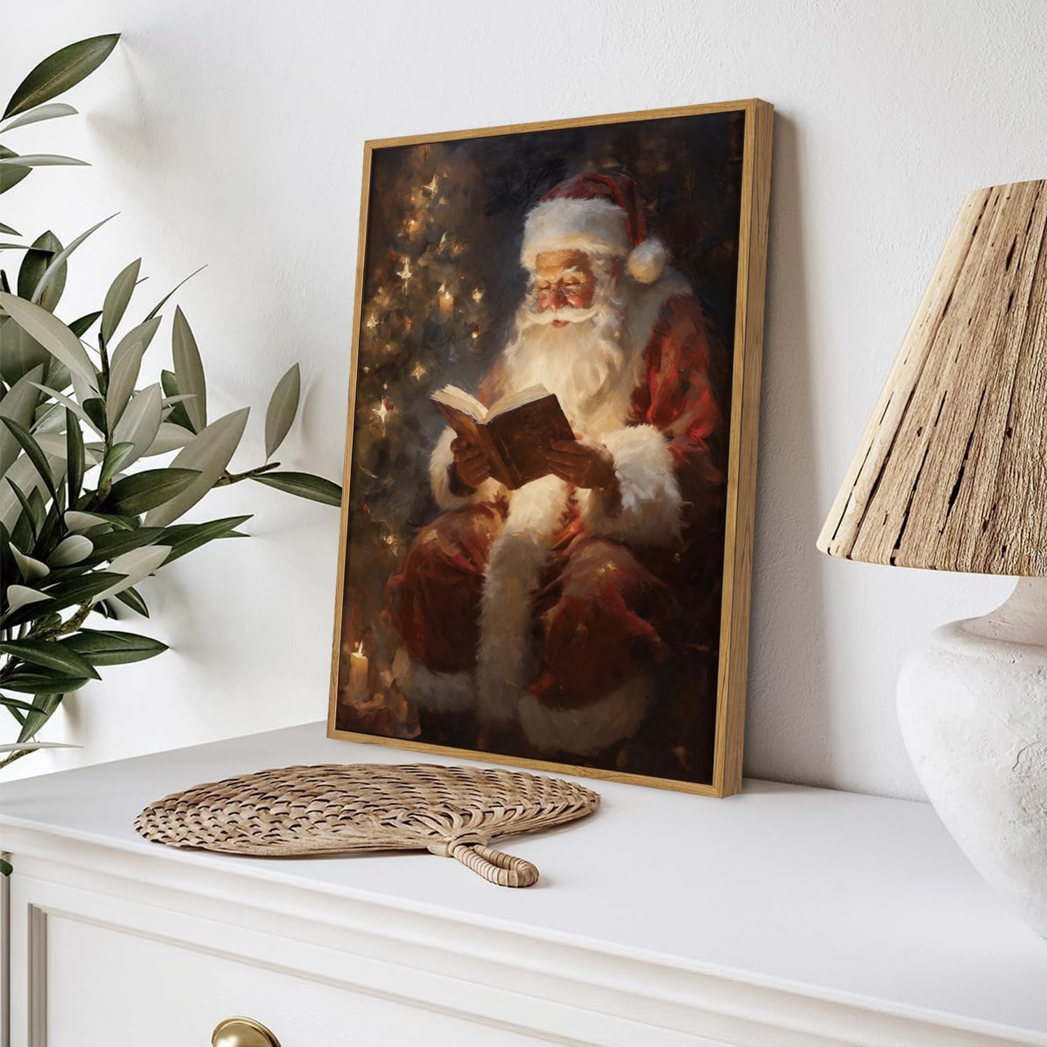 Vintage Christmas Framed Wall Art Santa Reading by Christmas Tree Art Print image 2