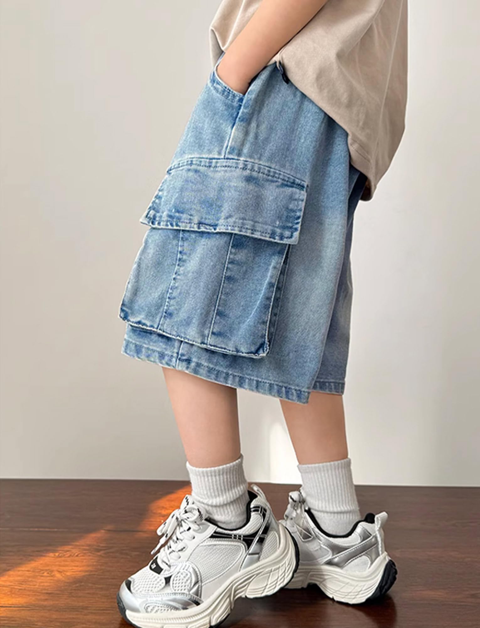 SEAUR Short Baggy Garçon Cargo Enfant Jean Été Taille Élastique Denim Pantalon Court Ado Bermudas Respirant avec Poches 5-15 Ans