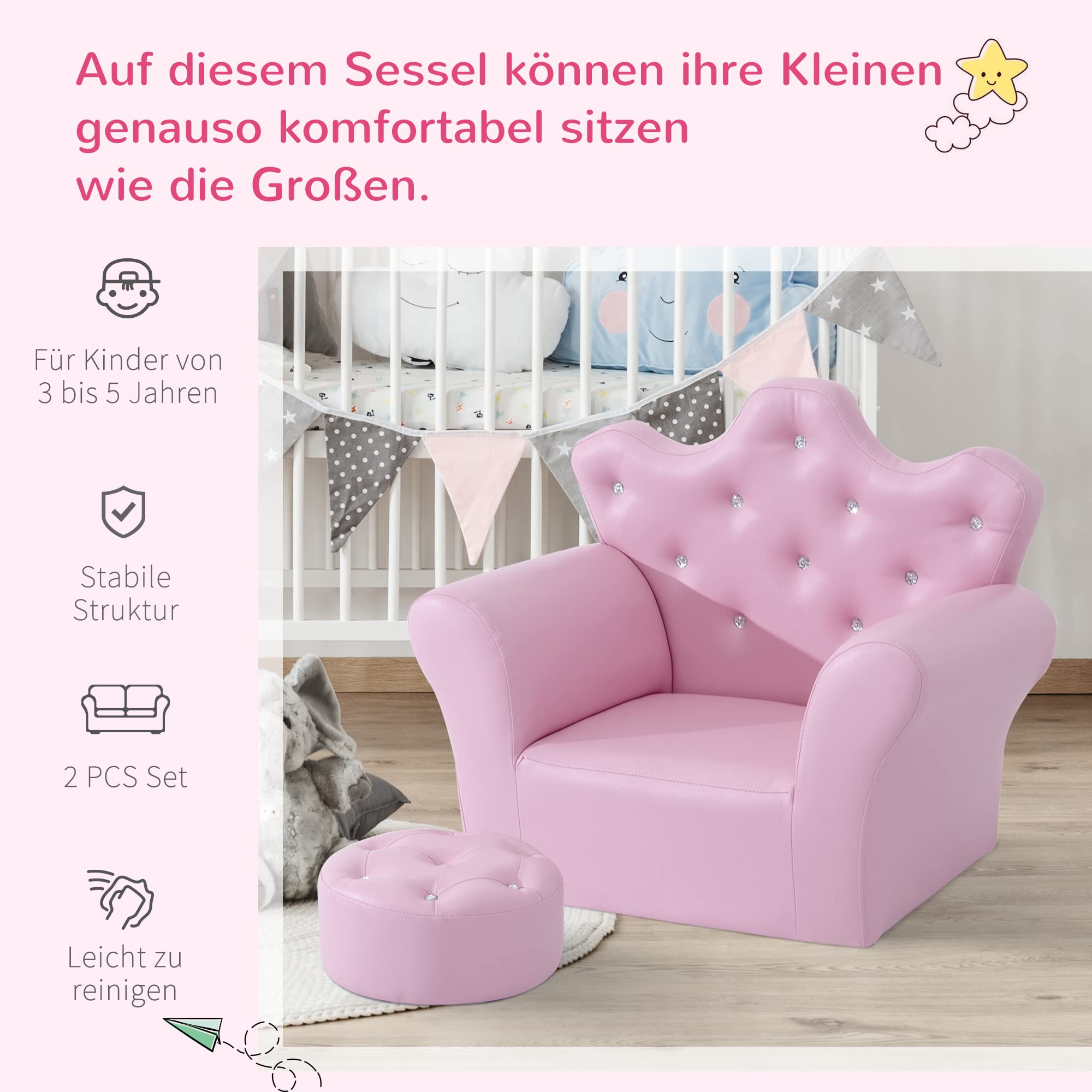 HOMCOM Kindersofa mit Ottomane, Kindercouch Prinzessinnen Kindercouch Mini Couch für Kuschelecke, Kinderzimmer, Spielzimmer, Schlafzimmer, Rosa