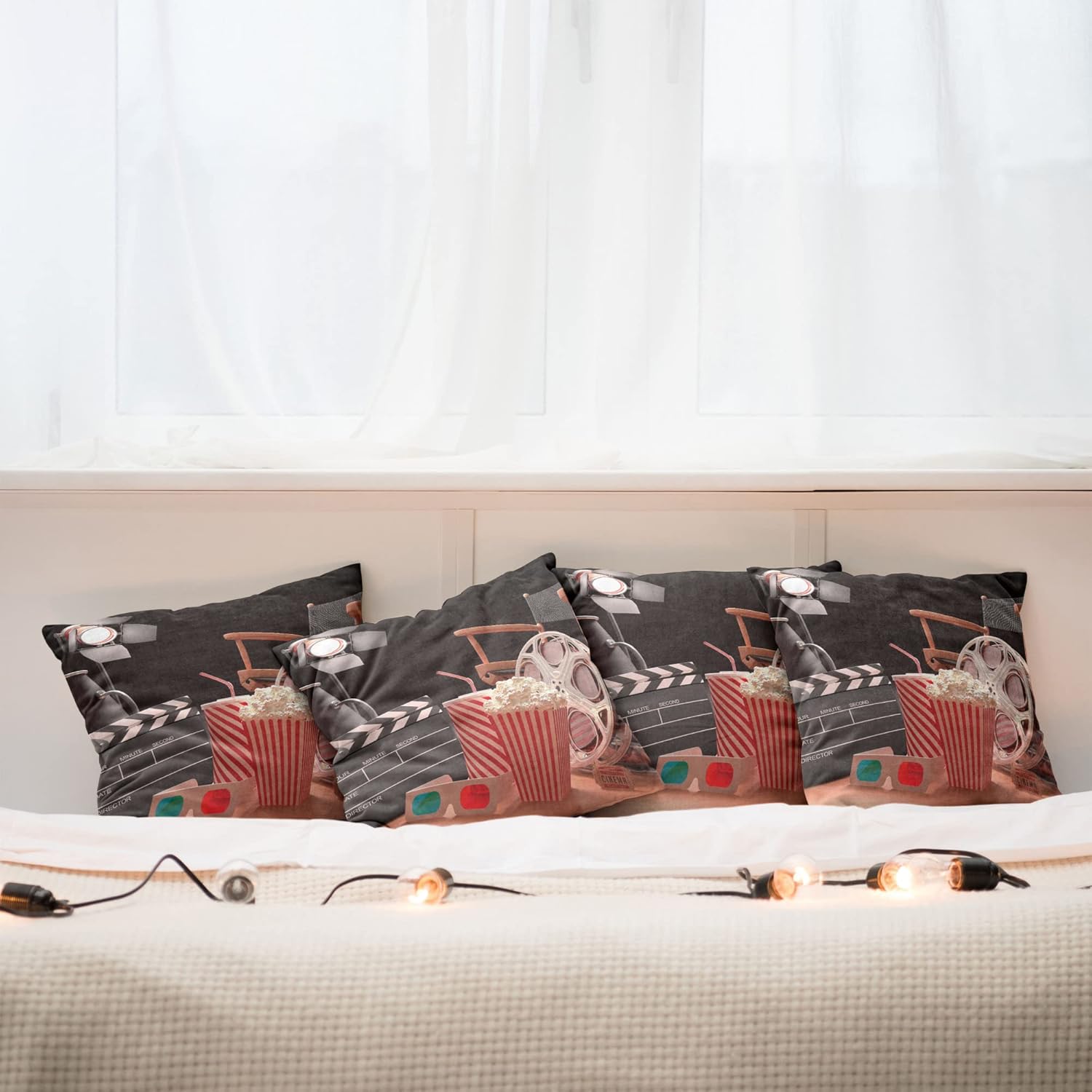 Ambesonne Movie Theater Decorative Throw Pillow Case Pack of 4, Objects of The Film Industry Hollywood Motion Picture Cinematography Concept, Cushion Cover for Couch Living Room Car, 18", Red Black