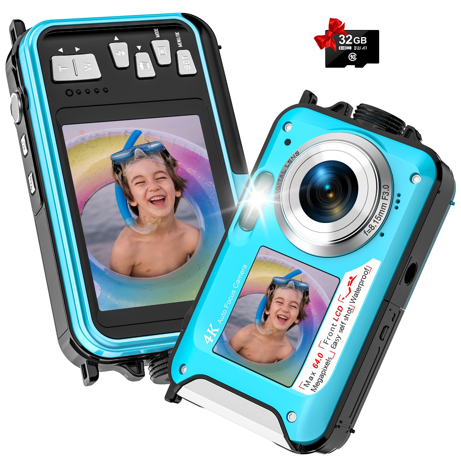 4K Underwater Camera 64MP Autofocus 16FT Waterproof Camera Dual-Screen Selfie 16X Underwater Camera for Snorkeling Waterproof Compact Floatable Digital Camera with 32GB Card