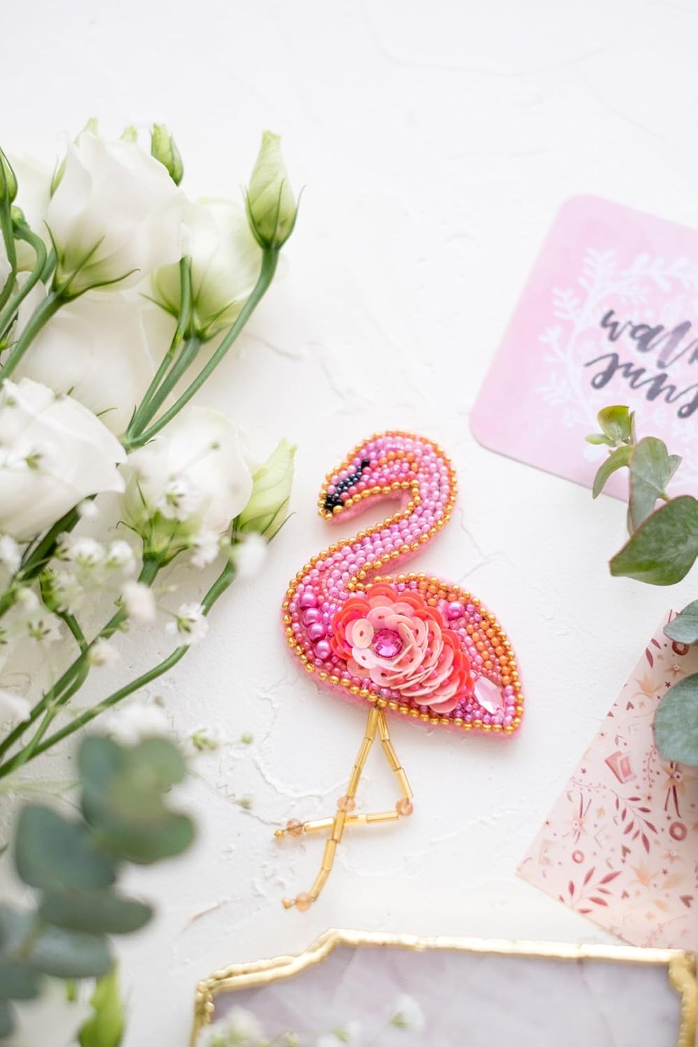 Wizardi Bead Embroidery Decoration - Flamingo. Colorful Beads, Beading Needles. DIY Kit. Embroidery for Beginners. Home Decor. AD-046 Abris Art
