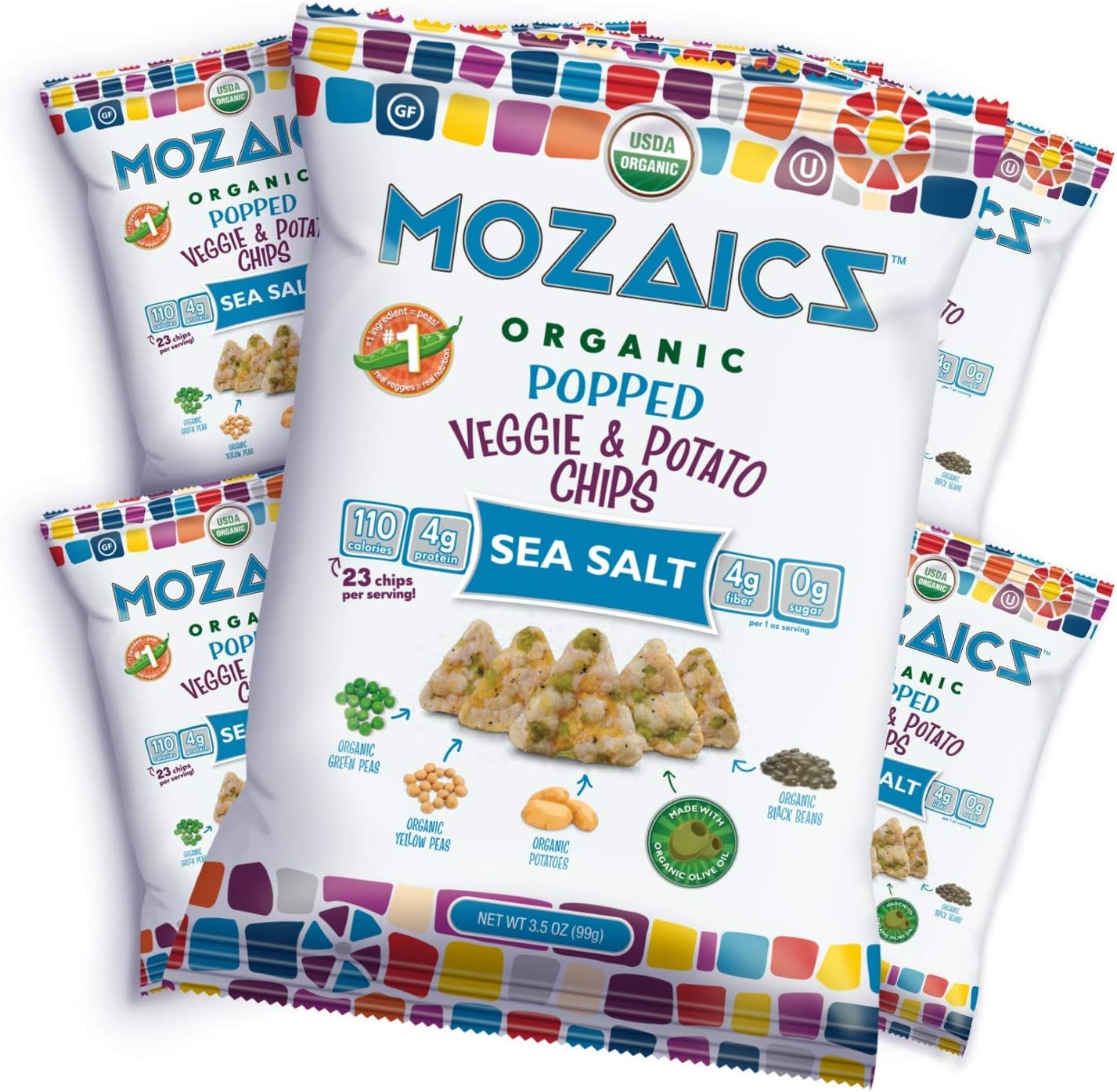 Mozaics SEA SALT - Popped Veggie Chips (8-pack) | Healthy Pea Protein Crisps | Gluten free (3.5 oz bags)