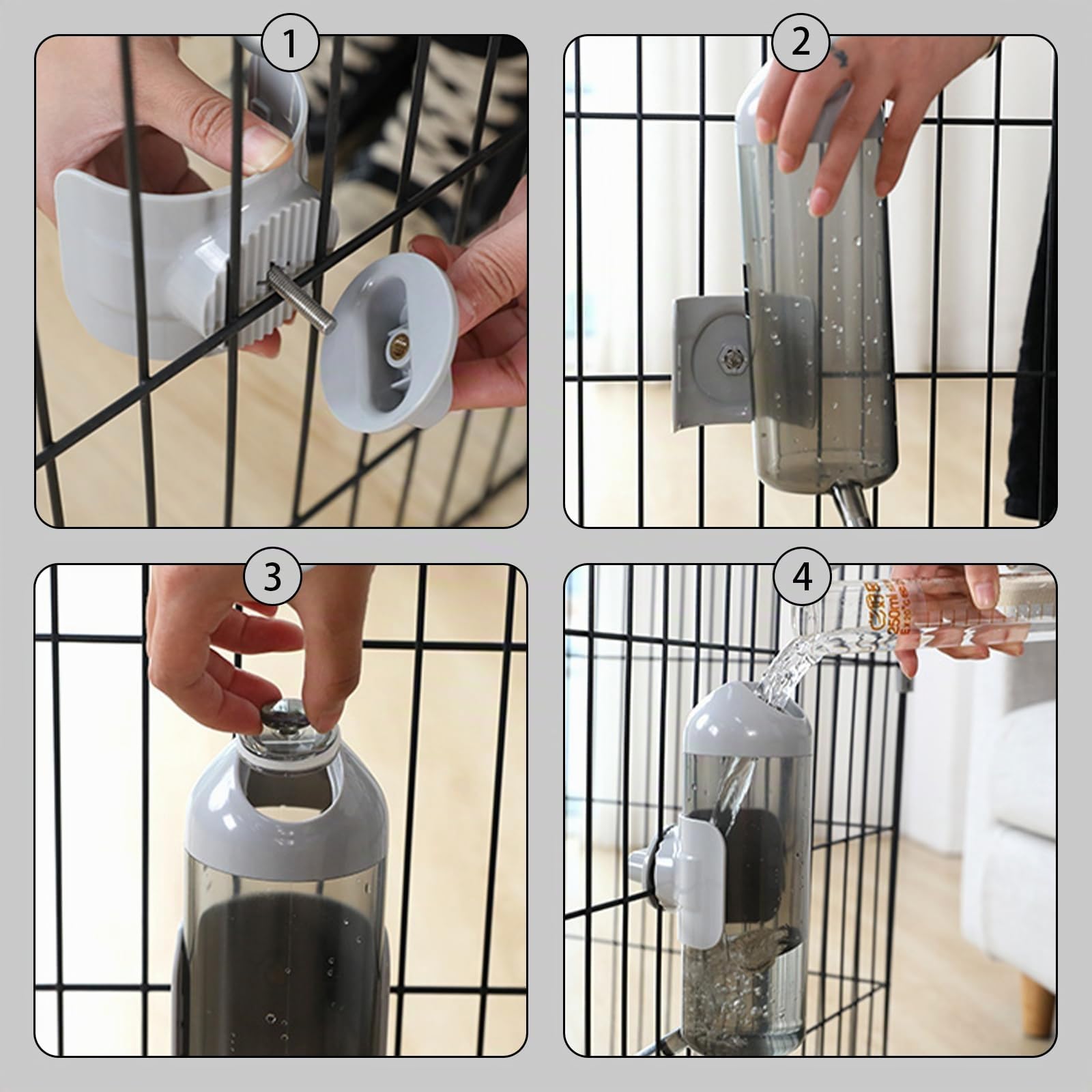 Dispensador de Agua Perros para Jaula, Septillar, 700ml, Bebedero Perro, Sin Goteo, Botella Agua Perro, Mascotas, Gato, Conejo (Gris)