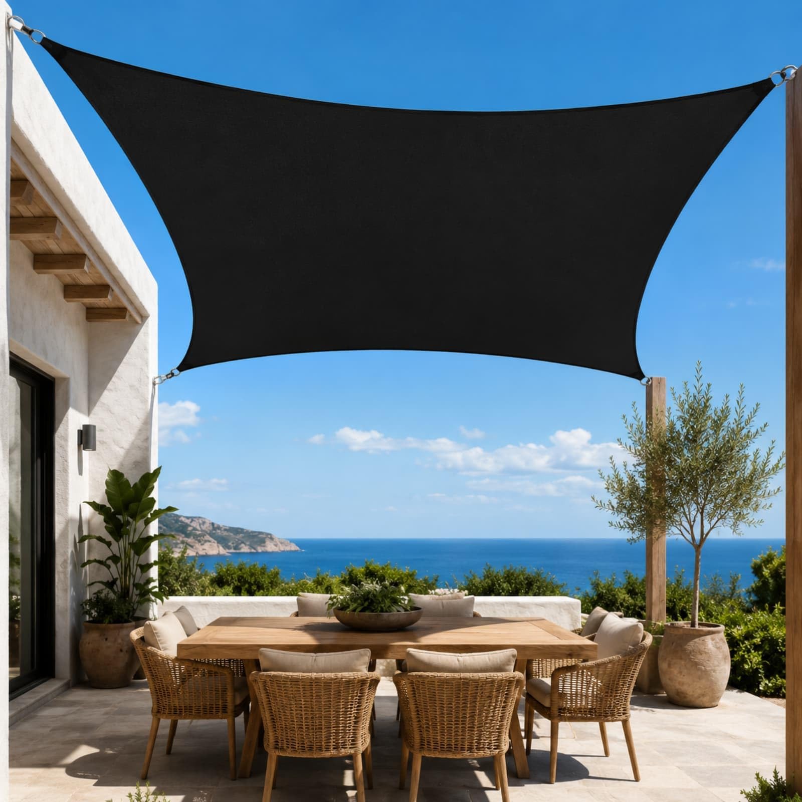 Hiseng Voile d'Ombrage Imperméable,Toile Ombrage Exterieur avec Oeillet & 4 Corde Rectangulaire Carrée 95% de Protection UV Toile Solaire pour Jardin Patio Terrasse Balcon (Noir,2x4m)