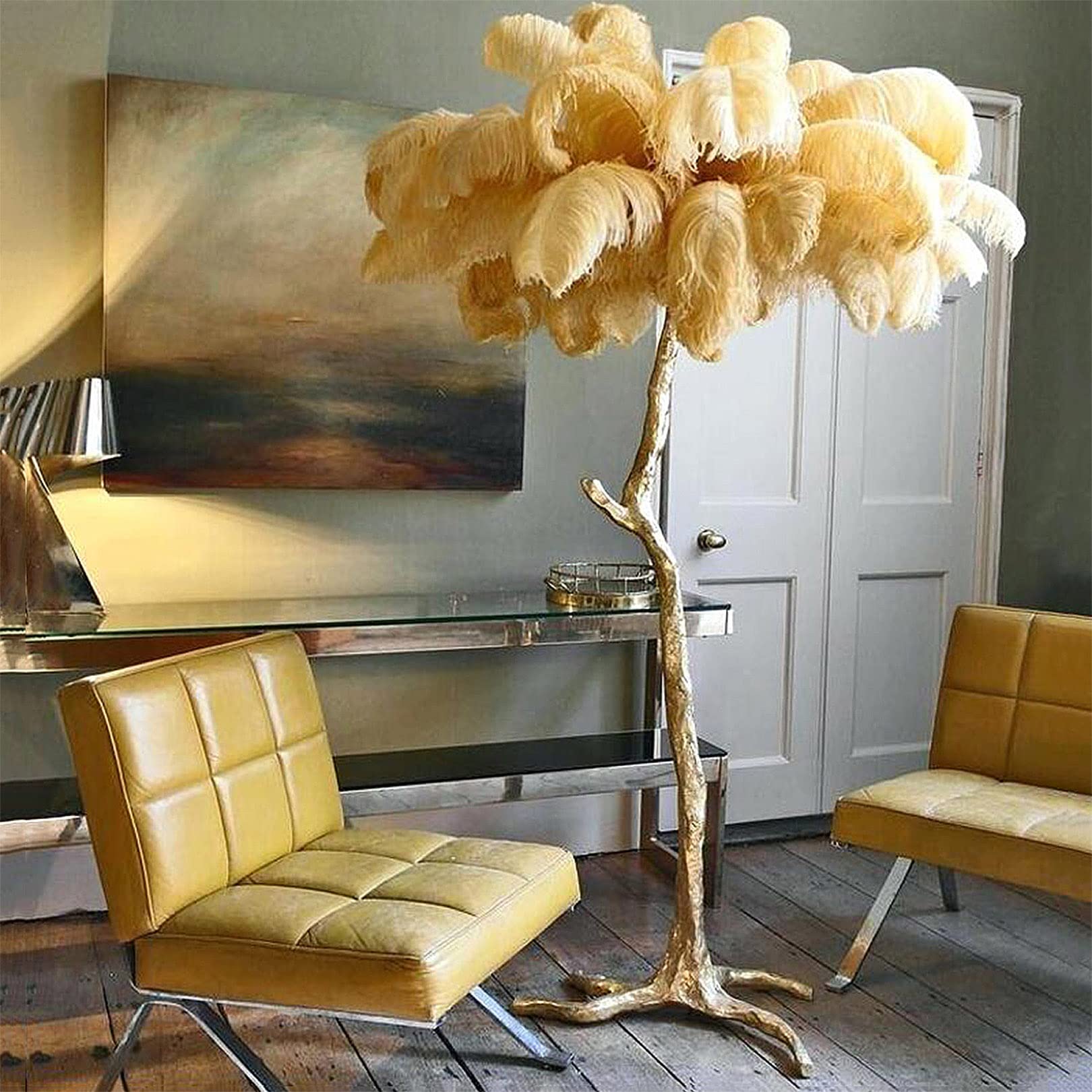 Luxury Real Ostrich Feather Lamp with 5 Led Light Sources for Living Room Bedroom and Office - 100% Resin Standing Decor Gift