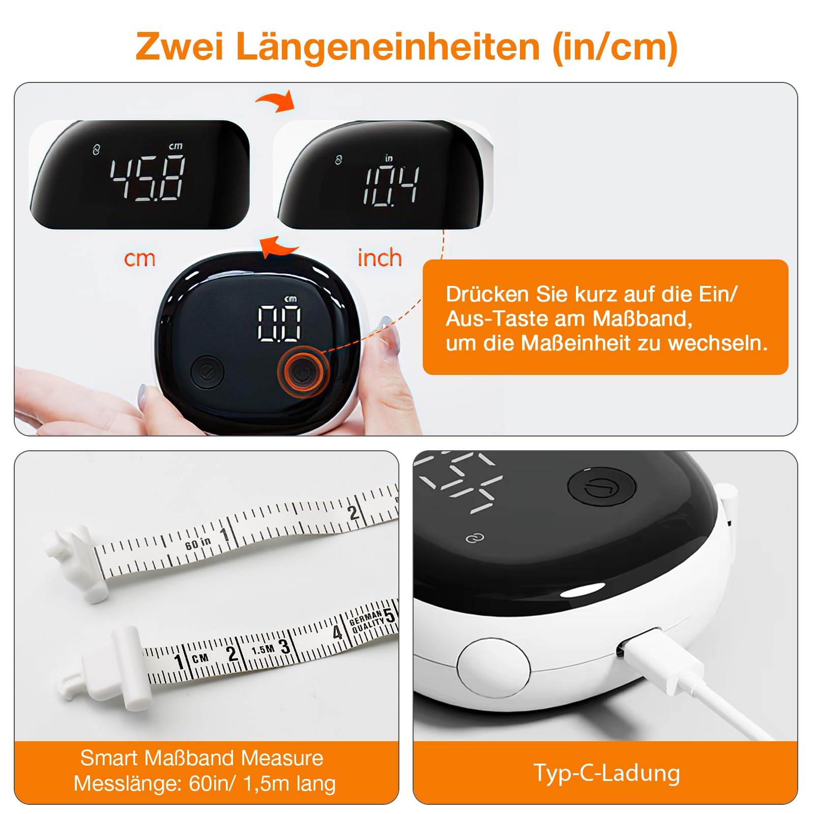 Smart Body-Maßband, Bluetooth-Maßband, Fitdays-App-Überwachung, Körpermaßband LED HD Vollbild für Fitness, Formgebung, Gewichtsabnahme und Aufzeichnung des Körperumfangs in cm oder zoll