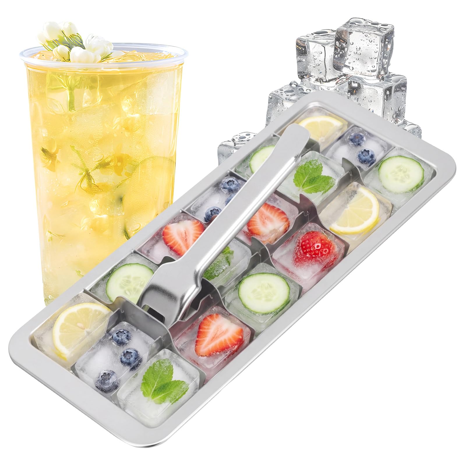 Stainless Steel Ice Cube Trays for Freezer, 18 Slot Metal Ice Cubes Tray with Lever, Vintage Inspired Icecube Moulds Detachable Soup Freezer Tray for Making Various Frozen Foods(no Clamp)