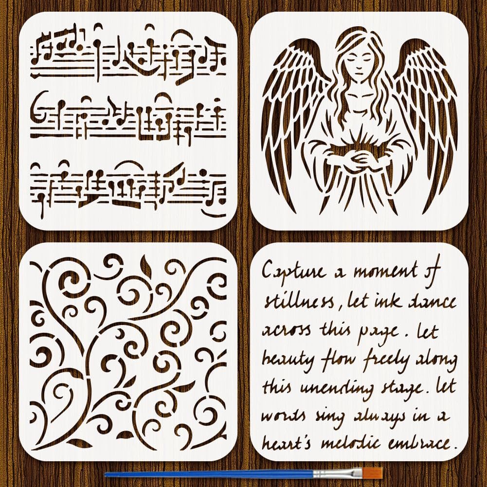 FINGERINSPIRE 4PCS Musical Note Stencils with Brush 5.9x5.9inch Musical Score Stencil Square Angel Stencil Plastic Vine Template Poem Pattern Template for Painting on Wall Wood Furniture
