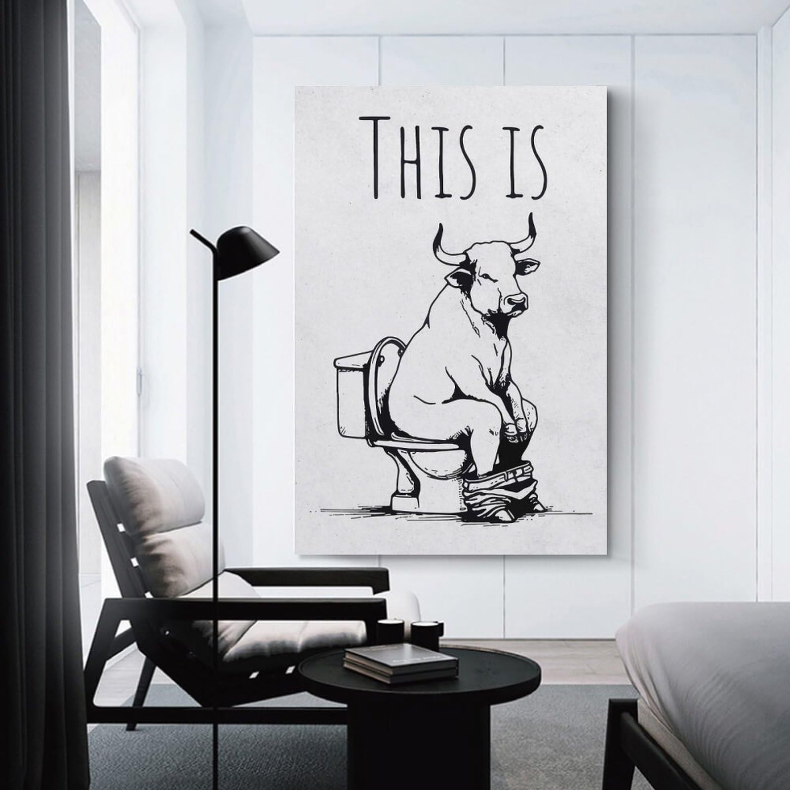 Junmoney Bull Sitting on Toilet Hanging Wall Art, 20x30inch(50x75cm), for Gallery Wall Decor And Room Displays, Home Wall Art for Statement Displays