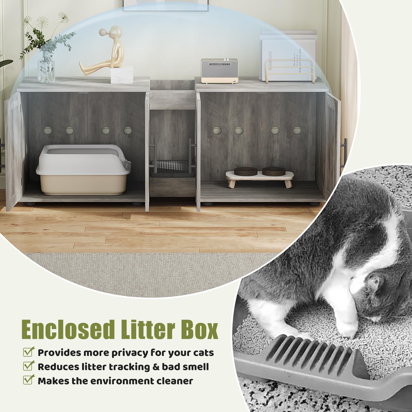 Meuble Litiere 2 Chat en Bois avec 4 Porte,Maison de Toilette Chat Caché avec Plan de Travail,Ouvert Rangement Casier,8 Aération,Armoire litière Entrée latérale pour Salon,Bain(140x55x45cm,Gris)