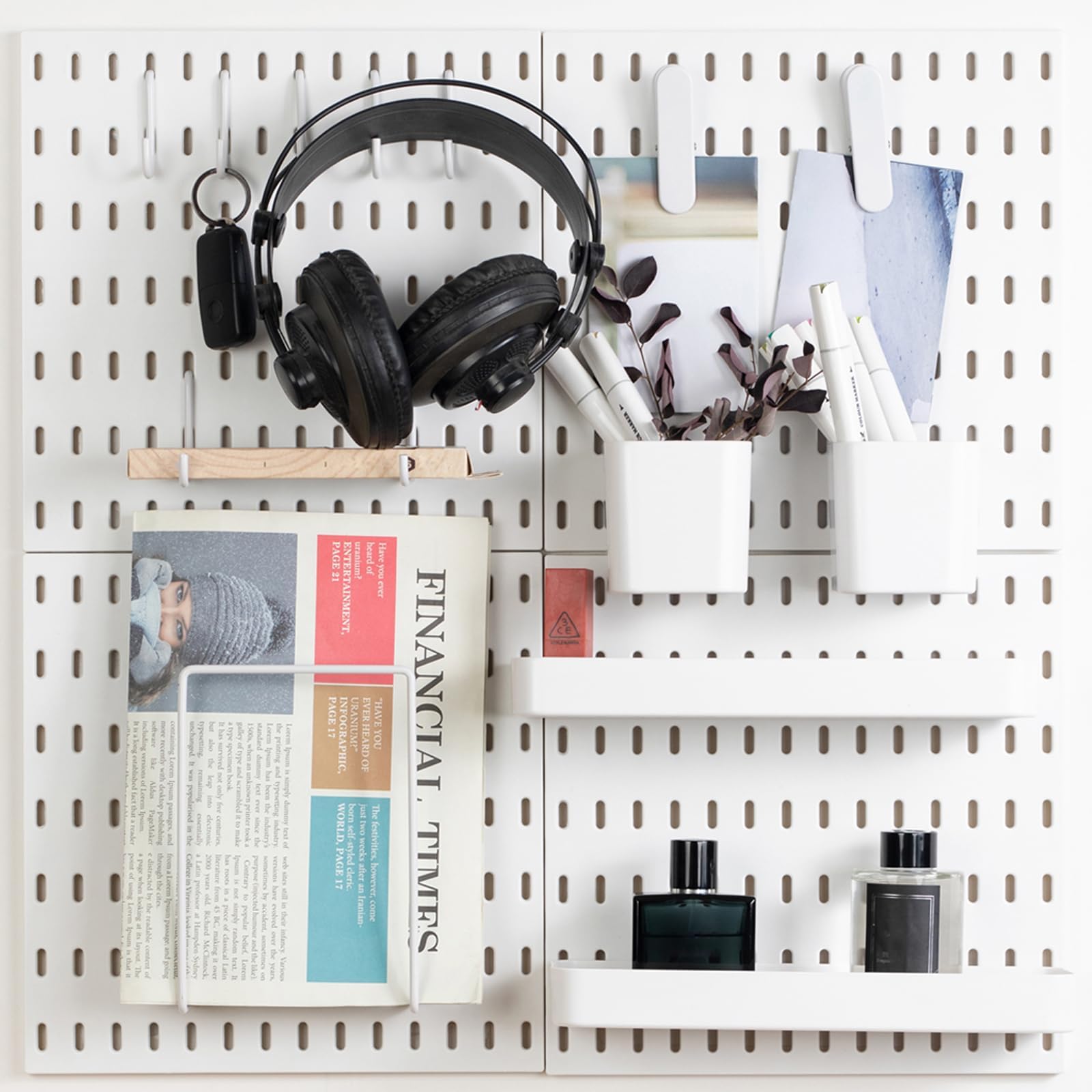 Pegboard Combination Kit, Wall Mounted Storage Set with 4 Pegboards & 14 Accessories Hanging, White Peg Boards Organizer for Walls Display, Crafts Organization, Kitchen Organizer, 22" x 22"