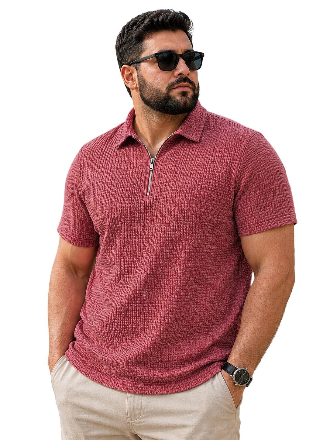 colorchakra Mens Plus Size Textured Knit Half Zip Polo Neck Collar Tshirt for man M to 4XL-picture-29