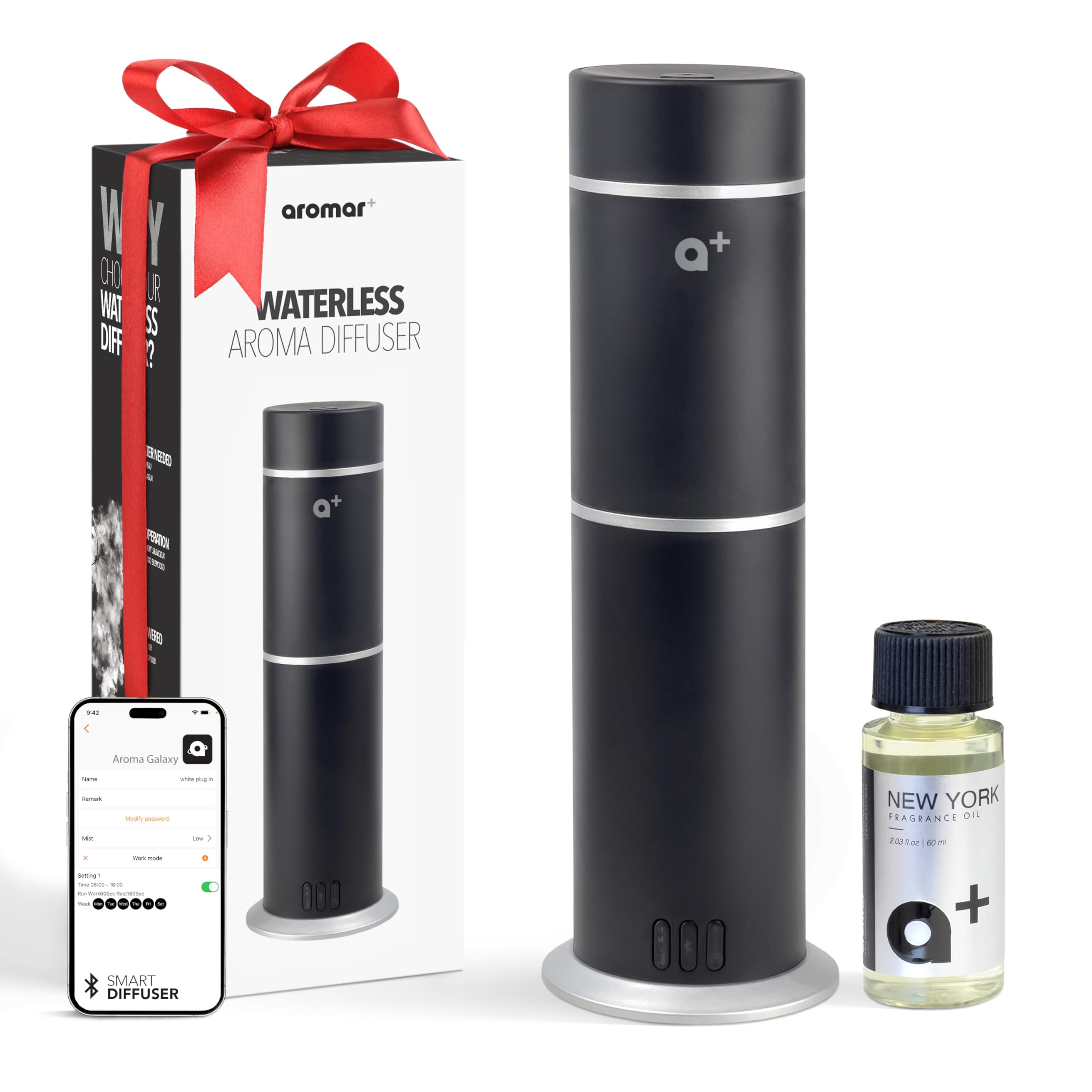 AromarSmart Waterless Oil Diffuser - Cold-Air Essential Scent Machine, App-Controlled, Covers 1000 Sq.Ft - Includes 'New York' Scent - Perfect for Home, Office, & Business use - Black