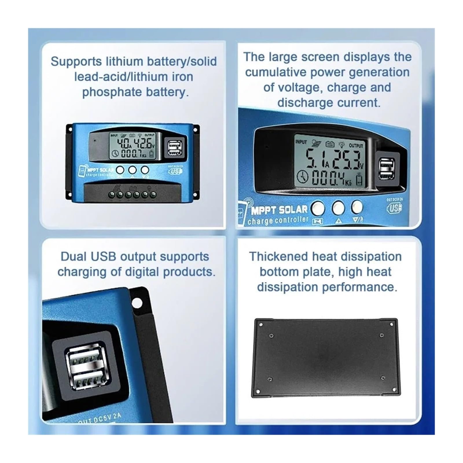 Kontroler ładowania słonecznego, 12V 24V 36V 48V 60V MPPT Regulator Ładowania Słonecznego Wyświetlacz LCD Z Bluetooth Podwójny Port USB Do Baterii Litowo-ołowiowej 100A 60A 40A 30A(Only 12V 24V,100A)