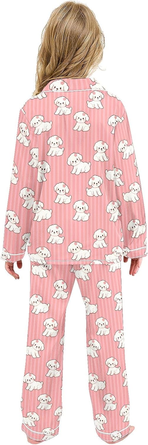 Kids Casual Satin Wear Set Puppy Little Red Flower Pink Stripes Pattern Unisex Relaxed Fit Clothing