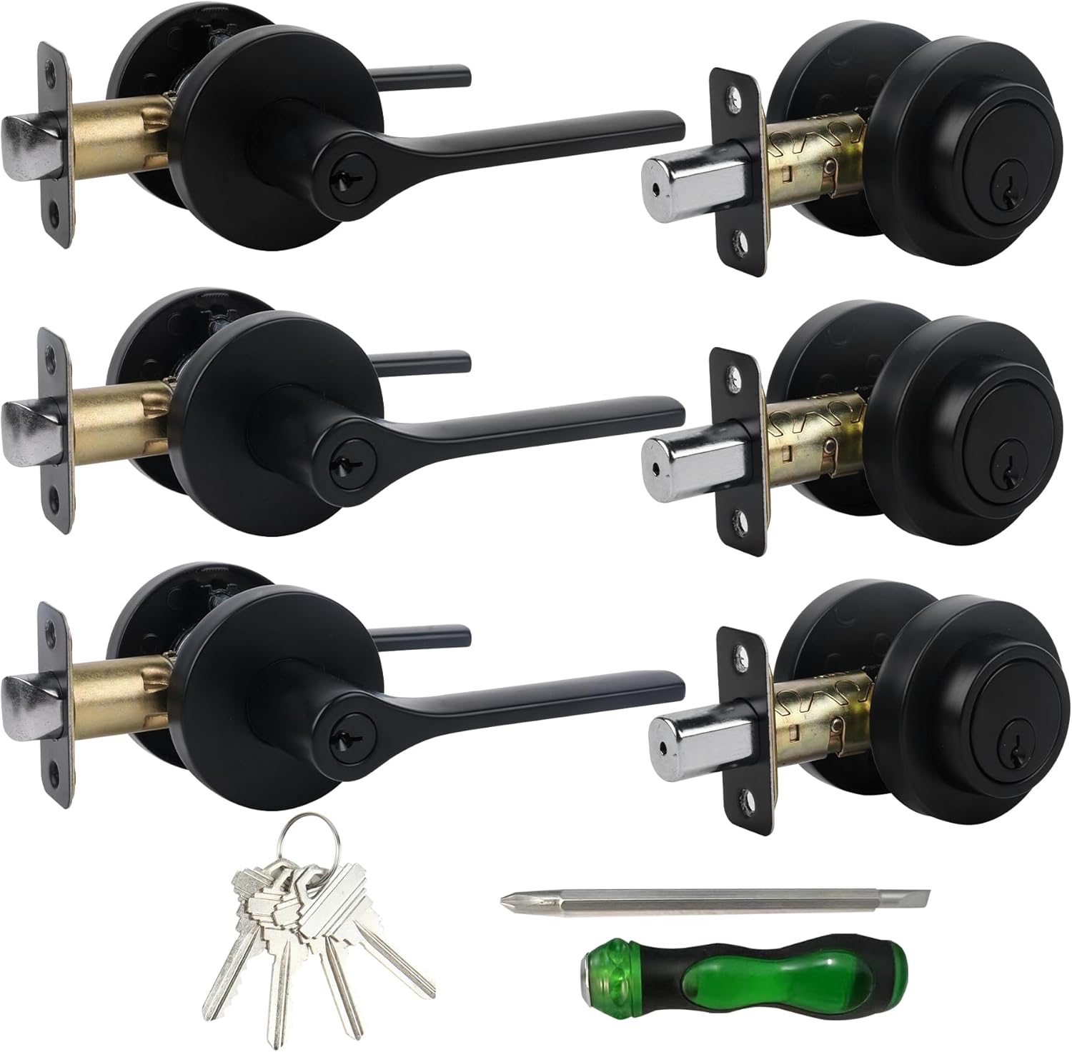 Keyed Alike Front Door Handle and Deadbolt Set,Roundness Heavy Duty Door Handle with Deadbolt Locks,Deadbolt Lock and Door Knob Set for Exterior Doors (Matte Black,3pack) 3pack-set Black