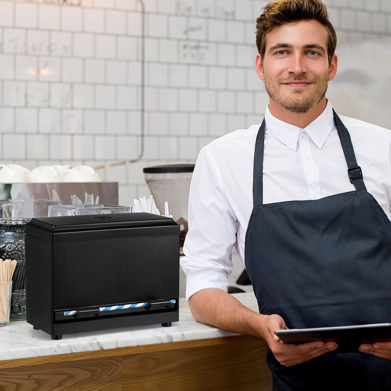 SHINEOFI Automatische Strohhalmspender Box aus Langlebigem Material mit Großer Kapazität Benutzerfreundlichem Druckmechanismus Wiederverwendbar Hygienische Aufbewahrungsbox für Restaurant