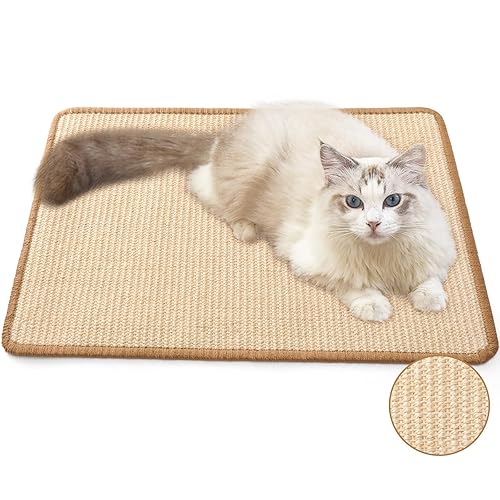 FUKUMARU Cat Scratcher Mat, 23.6 X 15.7 Inch Natural Sisal Cat Scratch Mats, Horizontal Cat Floor Scratching Pad Rug with Sticky Velcro Tape, Protect Sofa and Carpet - Beige-23.6 x 15.7 Inch
