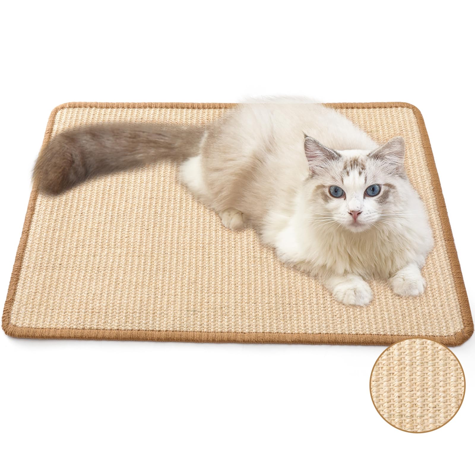 FUKUMARU Cat Scratcher Mat, 23.6 X 15.7 Inch Natural Sisal Cat Scratch Mats, Horizontal Cat Floor Scratching Pad Rug with Sticky Velcro Tape, Protect Sofa and Carpet