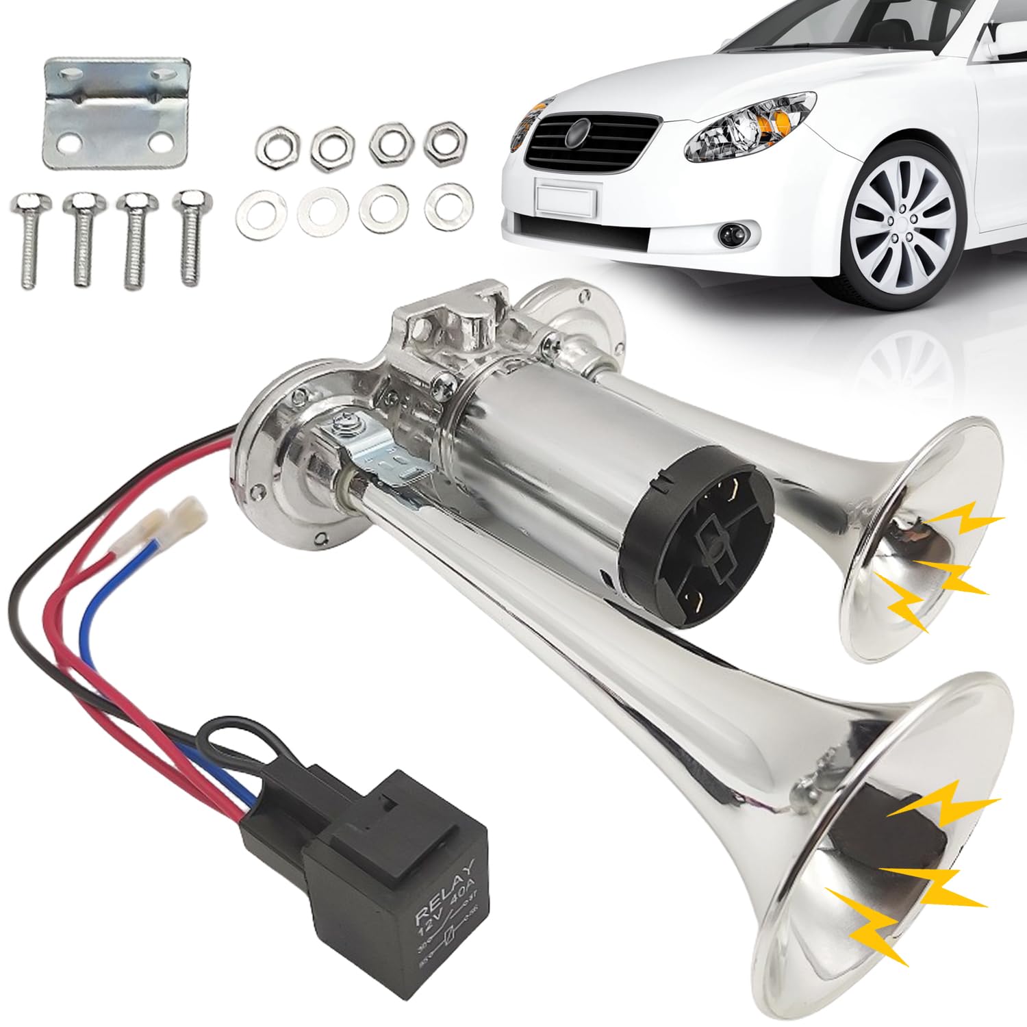 Bocina de 12 V para camiones, 120 dB, con compresor de doble tubo, bocina de aire, kit de claxon para todos los vehículos de 12 V, camiones, tren, coche, barco, moto, furgoneta (plata)