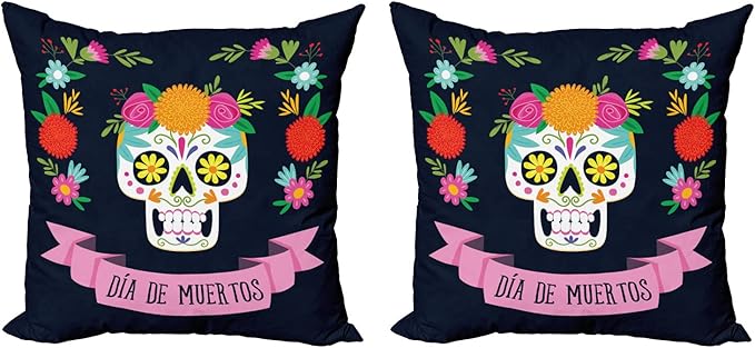 Ambesonne Sugar Skull Decorative Throw Pillow Case Pack of 2, Day of Deadme Colorful Skull with a Floral Wreath, Couch Bedroom Living Room Cushion Cover, 24