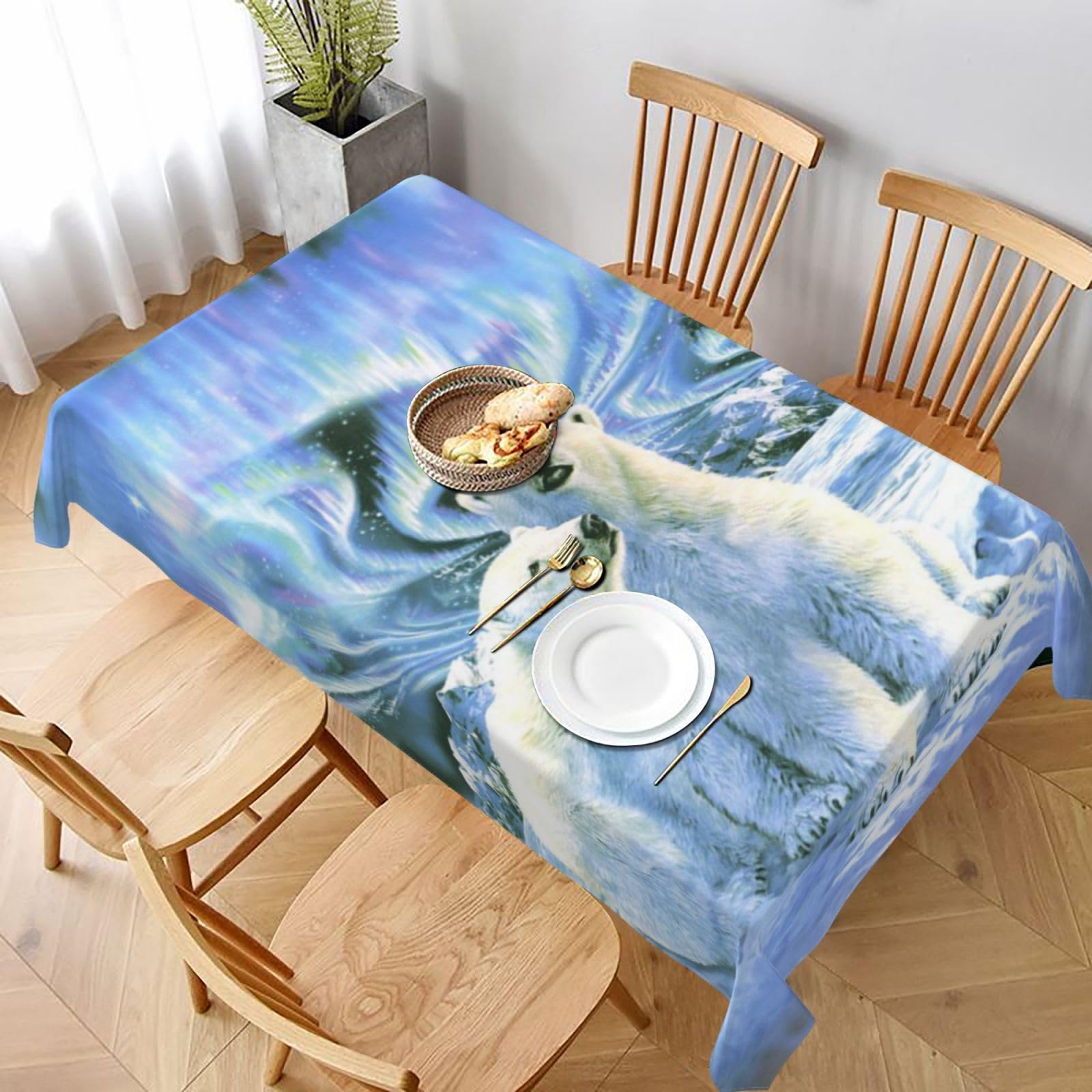 BNVSADC Polar Bears Northern Lights Printed Rectangle Tablecloth 228x152 CM, Water Resistant Polyester Table Cloth Decorative Fabric Table Covers for Kitchen Dining Table Parties Camping