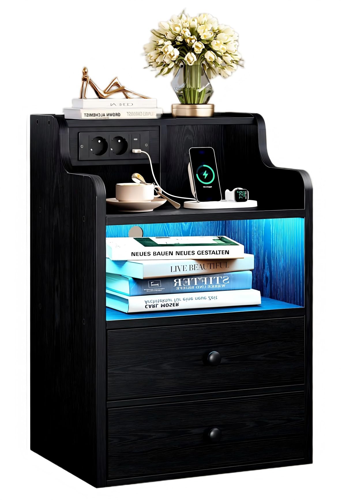 IRONCK LED Nachttisch mit Steckdose, Beistelltisch Holz mit Ladefunktion, Nachtschrank mit 2 AC, 1 USB& 1 Type-C Anschlüsse, Sofatisch mit 2 Schubladen für Wohnzimmer,Schlafzimmer, 45x30x70cm Schwarz