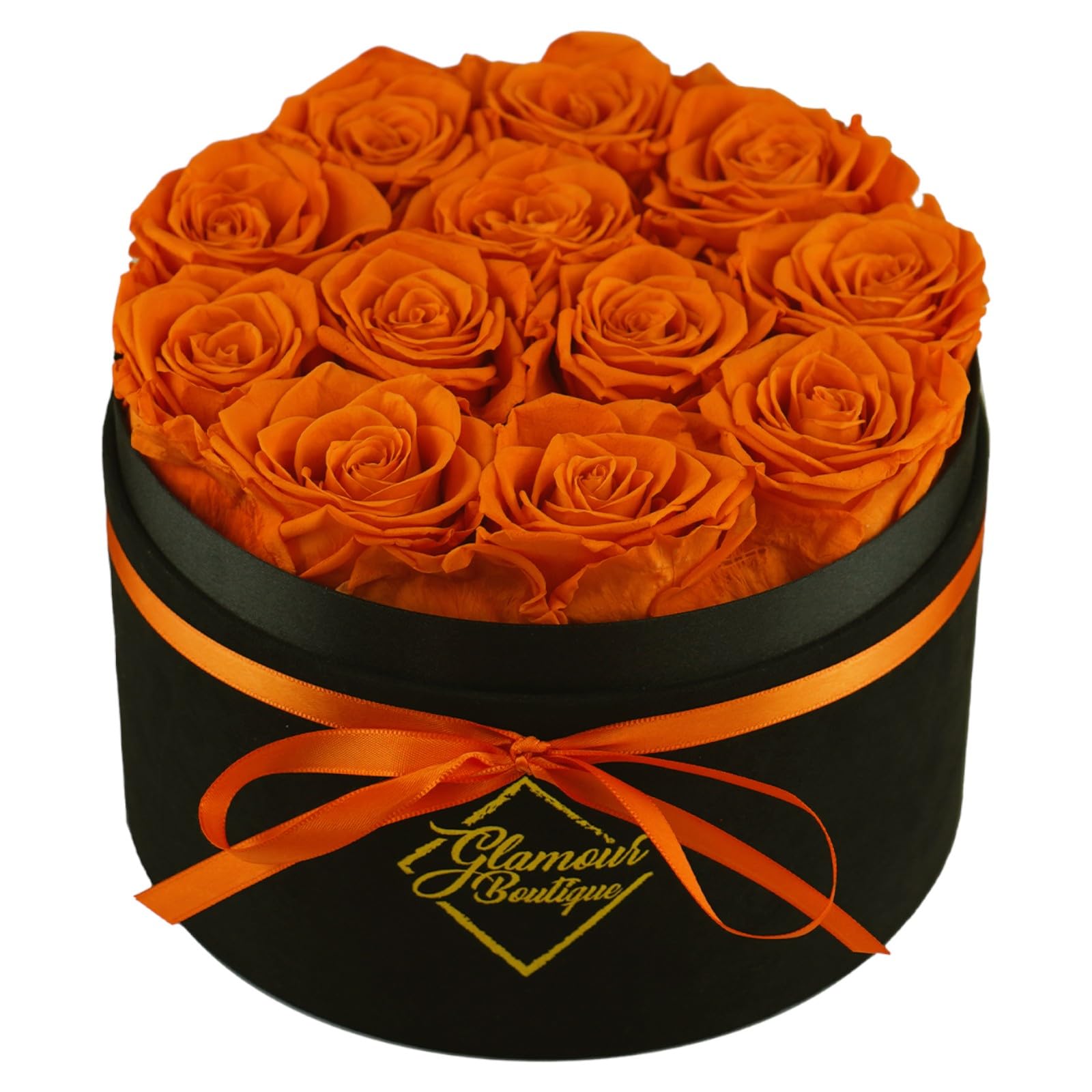 GLAMOUR BOUTIQUE Flowers Forever Gift Box, 12 Real Preserved Roses in Velvet Black Box, Floral Rose Gift for Wife, Mom Her for Birthday, Mother’s Day, Anniversary Graduation, Orange (Color-Treated)