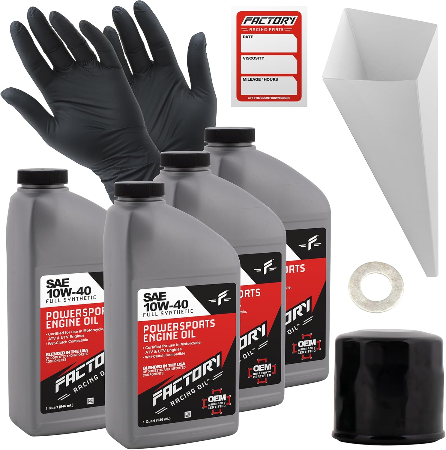 Factory Racing Parts Full Synthetic Oil Change Kit compatible with Kawasaki Teryx 1000 – Includes 4 Quarts of SAE 10W-40 Oil, 1 Filter, 1 Crush Washer, 1 Funnel, 1 Oil Change Reminder Sticker