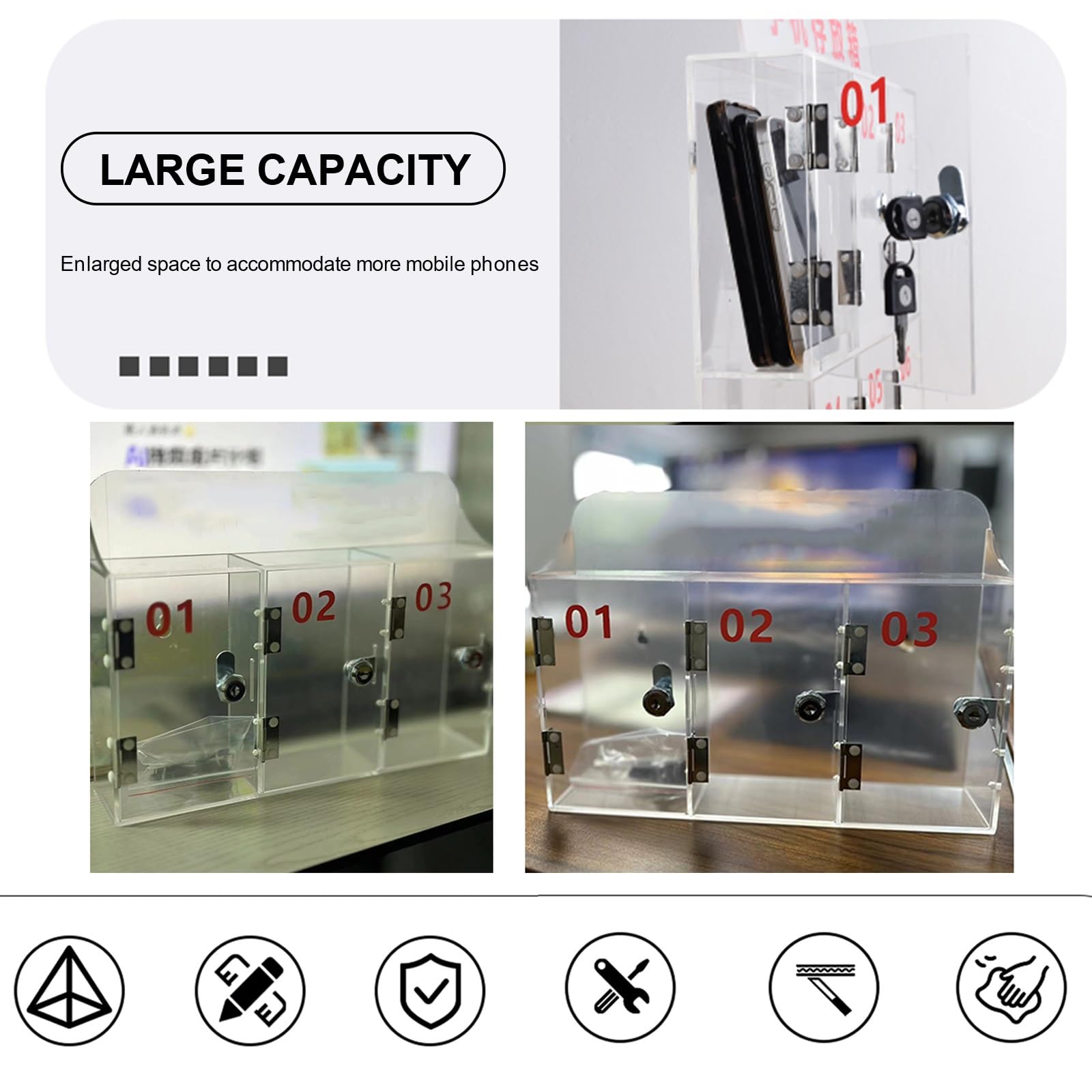 Casier Transparent pour Téléphone Portable, Boîte de Verrouillage en Acrylique pour Salle de Classe, Casier de Rangement pour Téléphone Portable avec Serrures de Porte et Clés