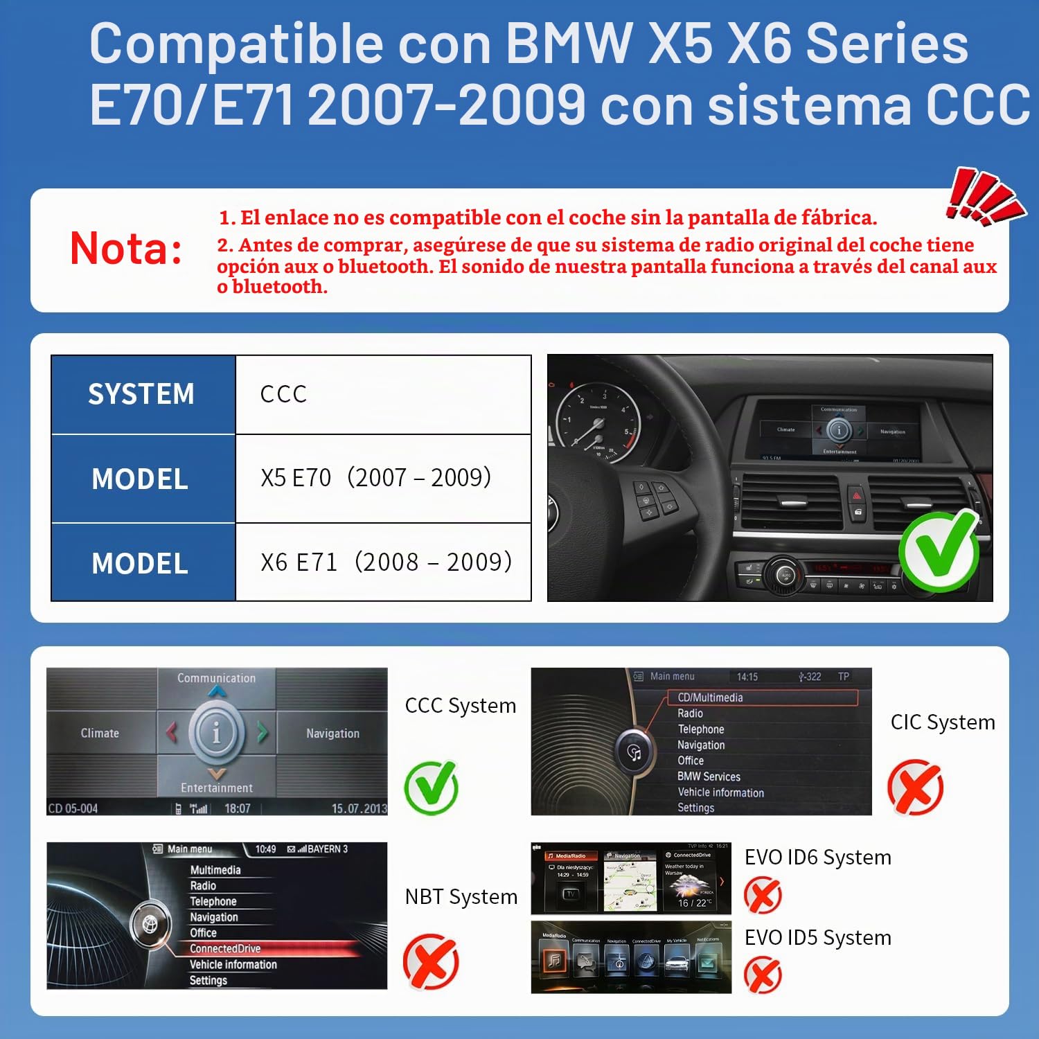 Road Top 12,3" Radio Coche CarPlay para BMW Serie X5 X6 E70/E71 con CCC | 2007-2009, Radio de Coche, Pantalla HD Linux, Bisel Ultrafino, CarPlay Inalámbrico, Android Auto, MirrorLink, Integración OEM