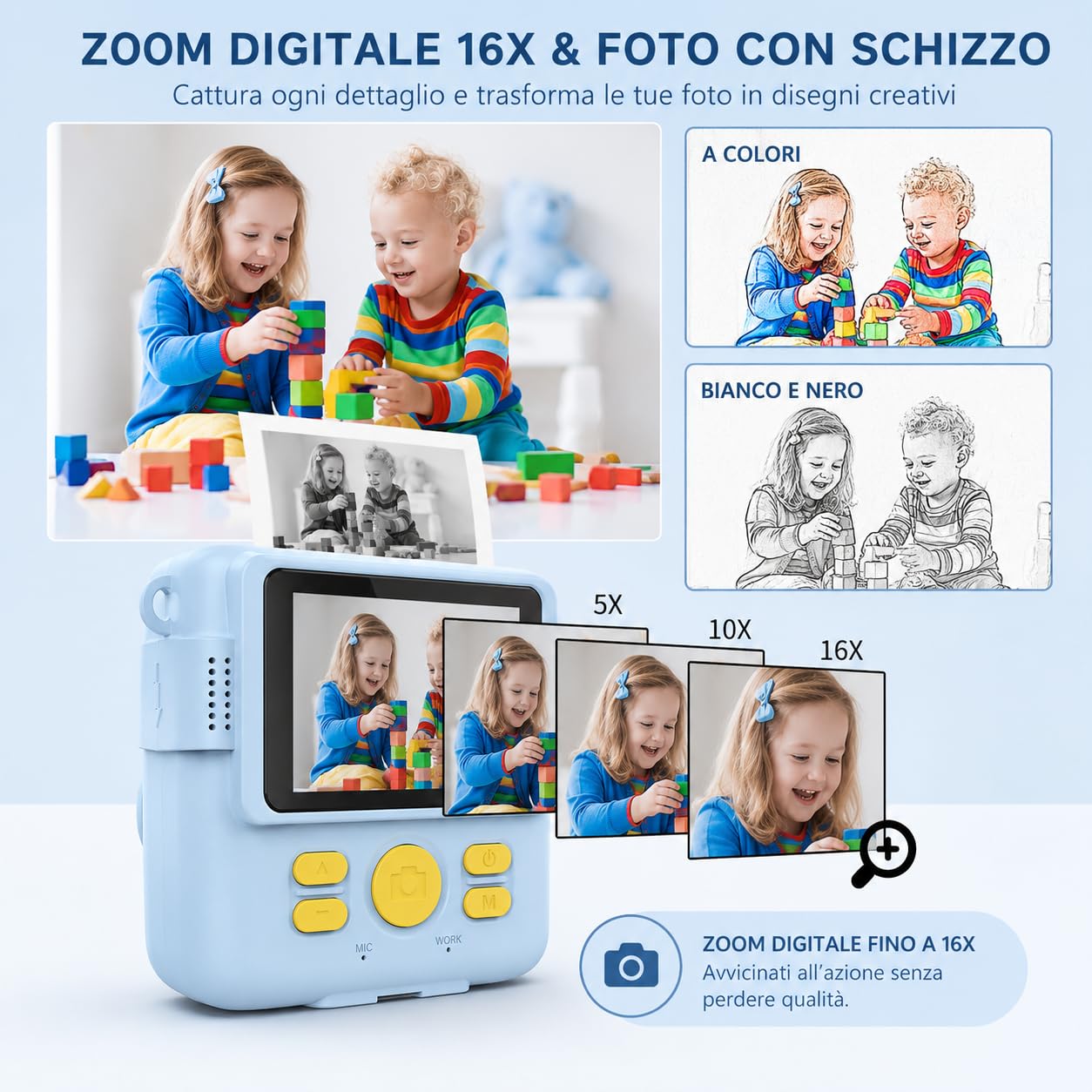 Fotocamera Istantanea Digitale per Bambini con Stampa Termica con 3 ROTOLI piu di 150 Foto, Registra i Video, Modalità MP3, Playback Multimediale e Giochi Integrati (Azzurro)