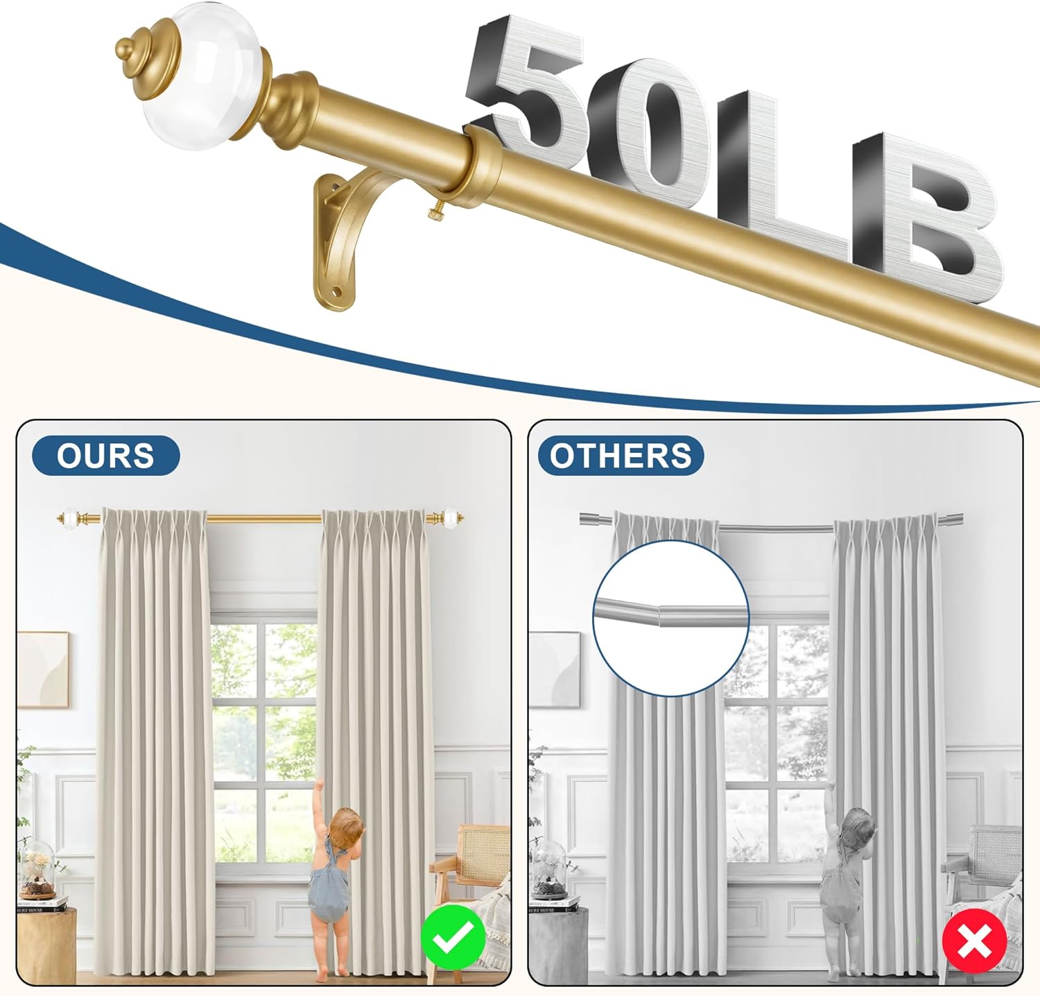 Heavy Duty Curtain Rods for Windows 48 to 84 Inch - 1 Inch Gold Curtain Rod - Adjustable Decorative Drapery Rods with Stacking Tower Full Transparency Finials and Aluminum Bracket