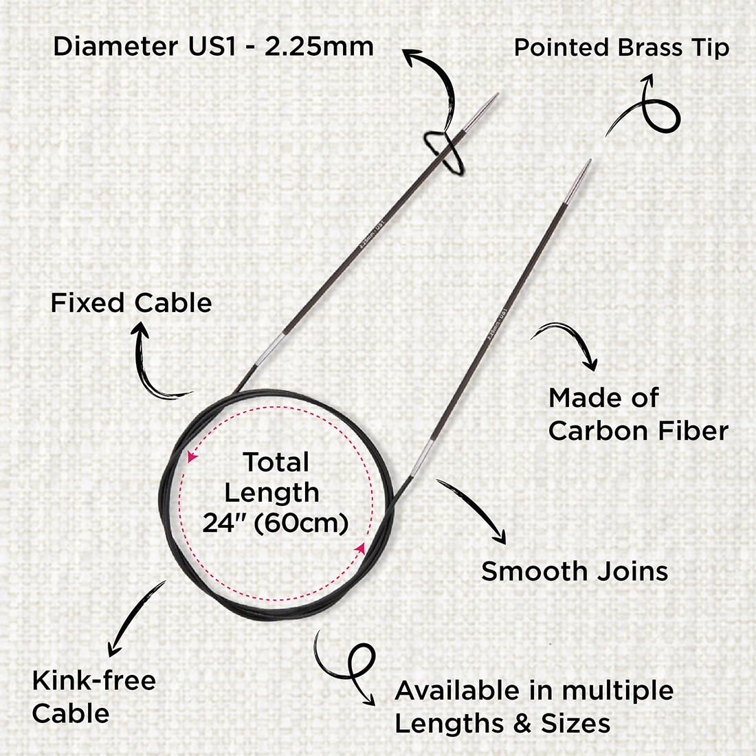 KnitPro Karbonz Fixed Circular Needles 24" (60cm), Black, 2.25 mm - Image 3